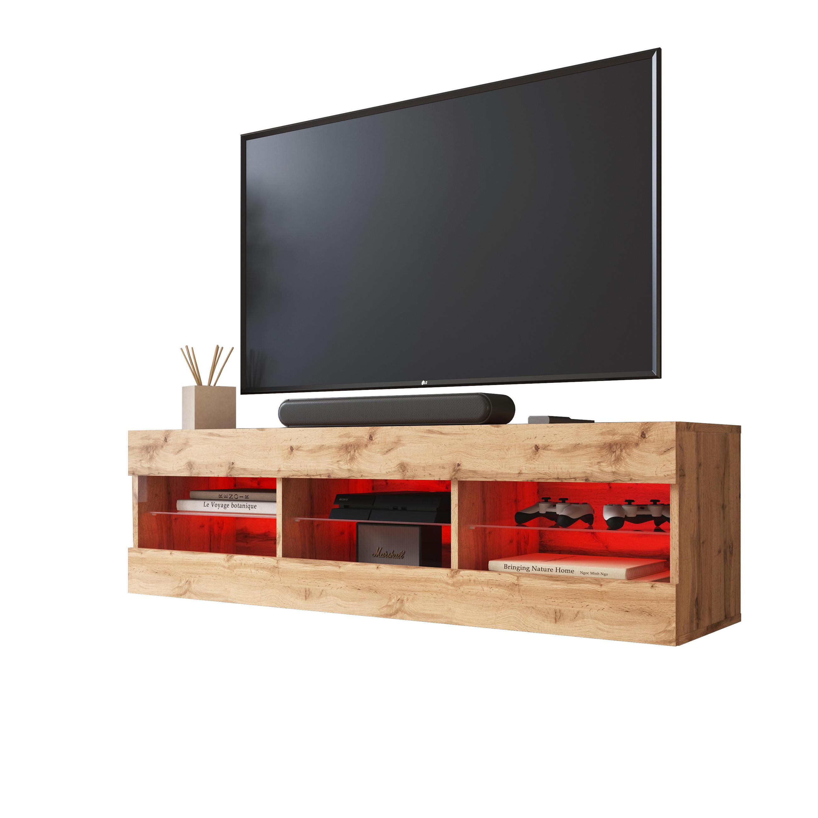 LOWBOARD TIVOLI RTV 140, Wotan, LED Mehrfarbige - Eiche Wotan, Glas/Holzwerkstoff (140/40.5/35.5cm) - Komodee