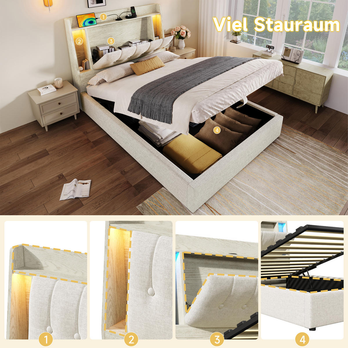 POLSTERBETT 90/200 cm Beige mit USB- und Type-C-Anschlüssen und LED-Beleuchtung - Beige, Textil (90/200cm) - OKWISH