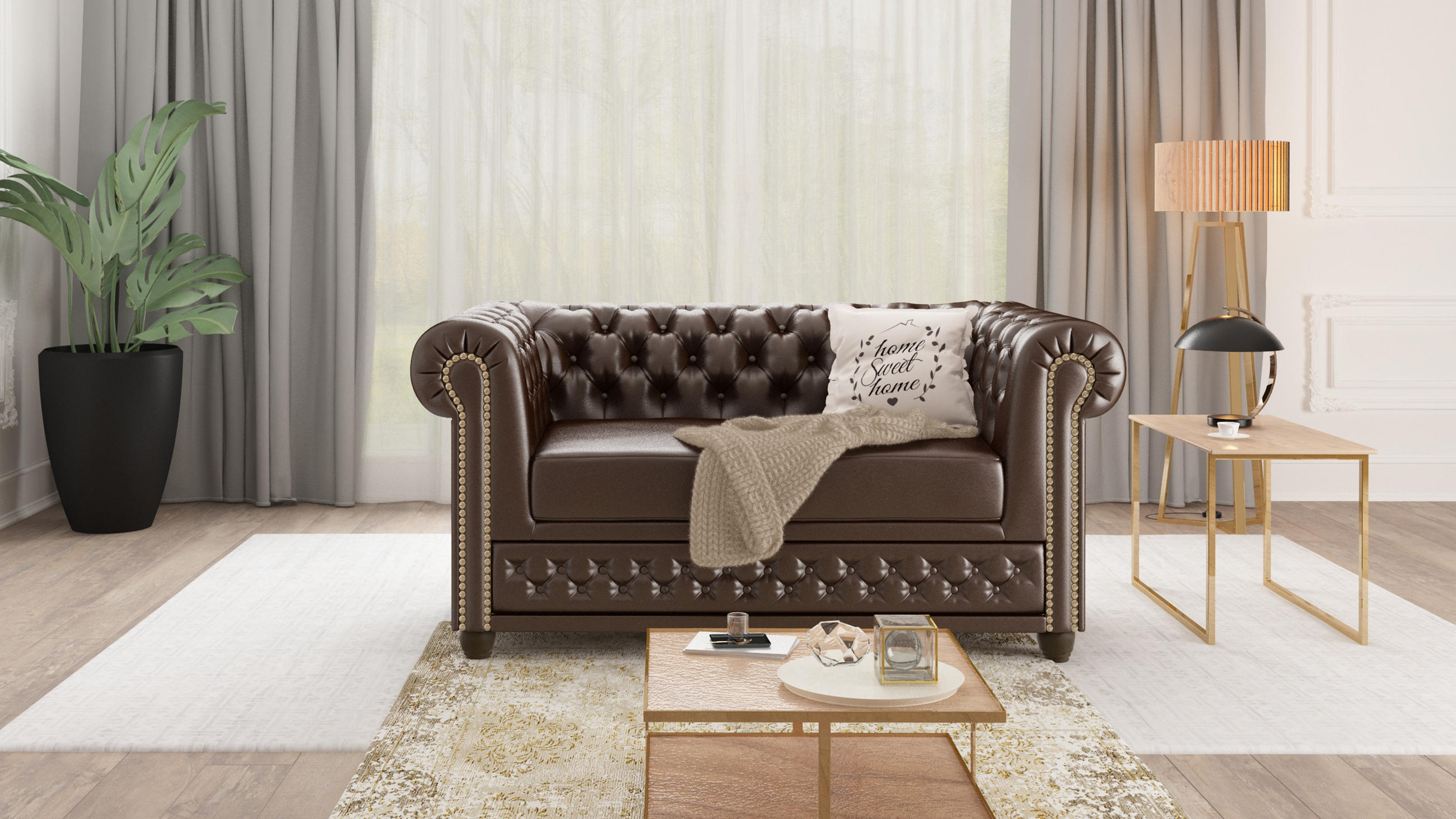 Thumbnail - S-Style Möbel Chesterfield-Sofa, Braun, Textil, Echtholz,Birke, 2-Sitzer, Füllung: Silikon,Komfortschaum, 148x72x86 cm, ...