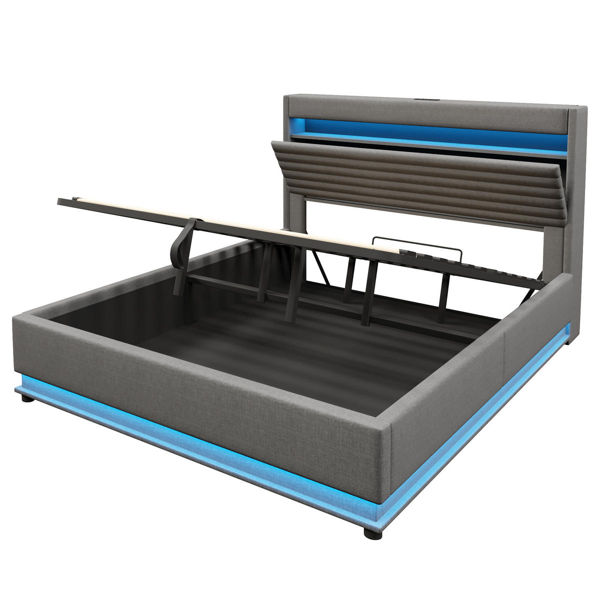 POLSTERBETT 180/200 cm Grau mit USB-Typ-C-Anschluss, LED-Beleuchtung und Ablagefach - Grau, Textil (180/200cm) - Oxeza
