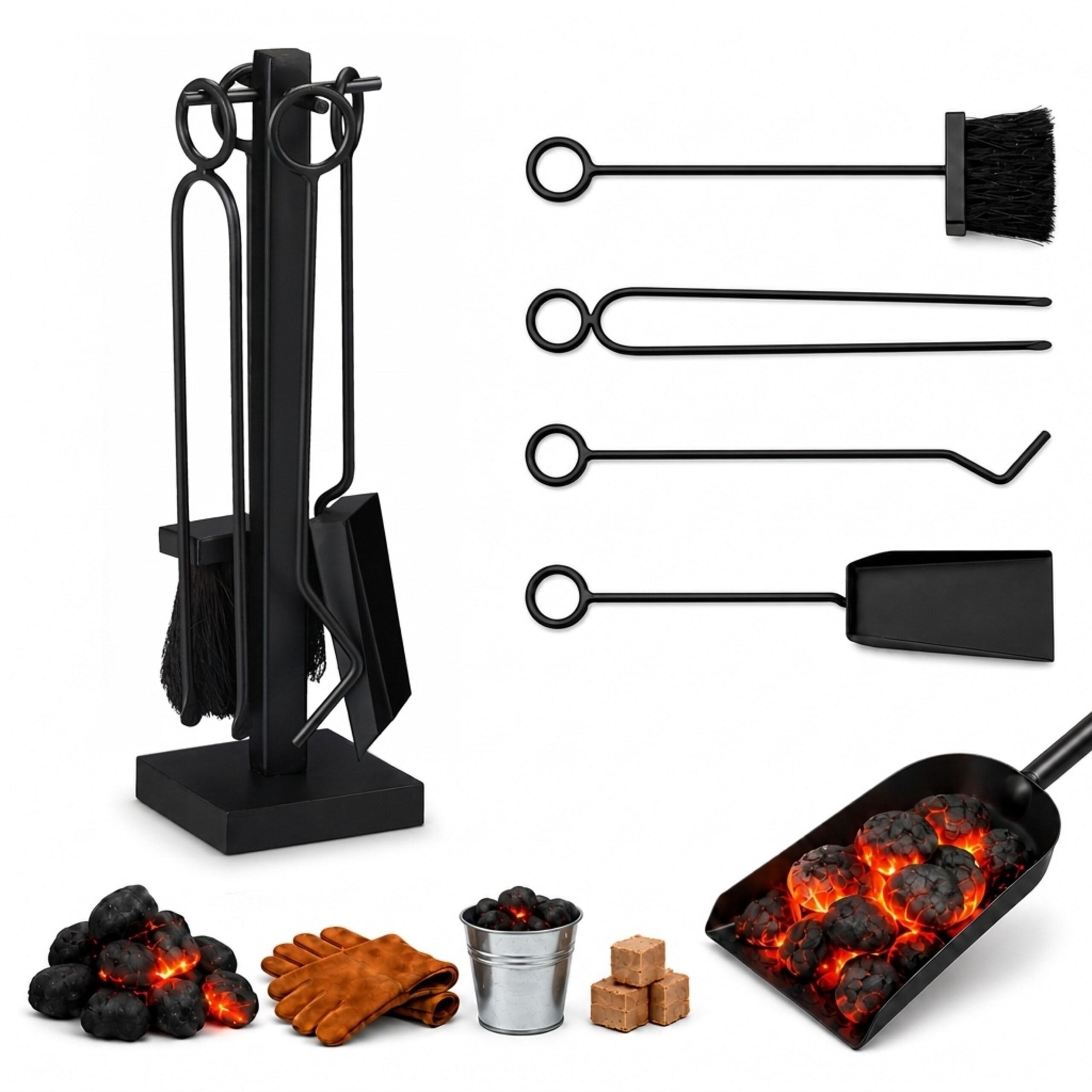 SET Negru 5-piese pentru șemineu fier cu suport 40,5 cm