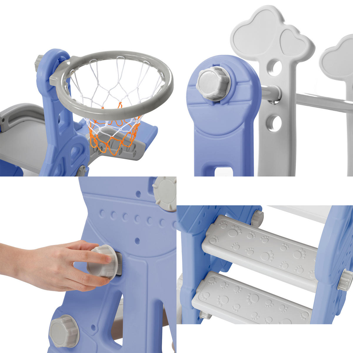 KINDERRUTSCHE 4 in 1 Indoor und Outdoor Babyrutsche mit Basketballkorb, Blau - Blau, Kunststoff (118/102/140cm) - GENKI LIVING
