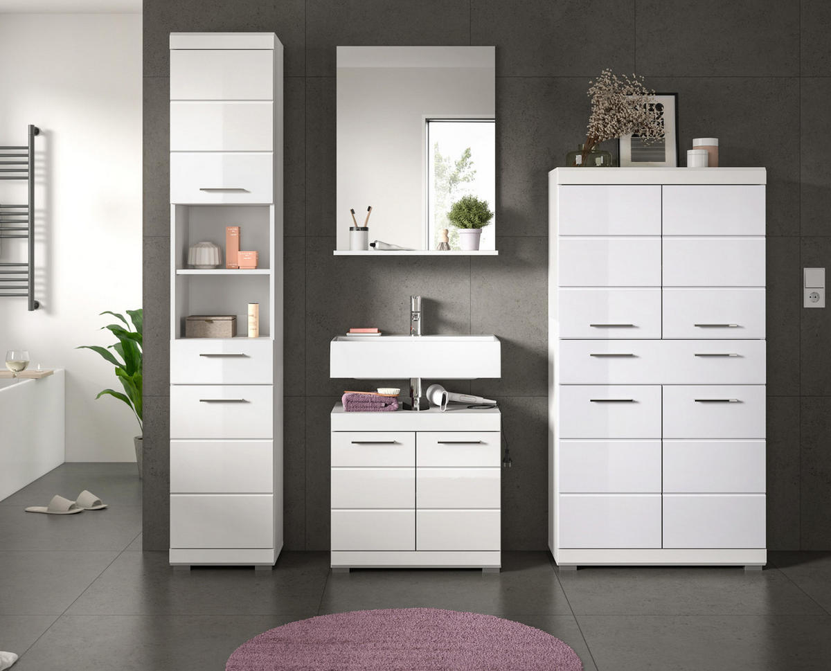 BADMÖBEL-SET weiß Hochglanz 4-teilig 200 cm, Komplettset mit viel Stauraum - Weiß Hochglanz, Glas/Holzwerkstoff (200/191/34cm) - Inn.Furn