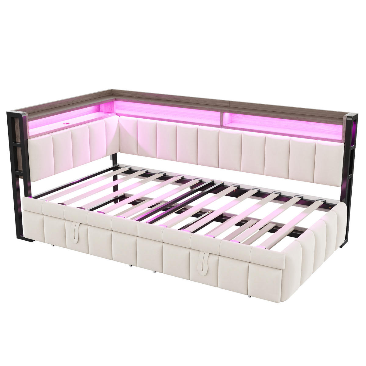 AUSZIEHBETT 90/200 cm DE-02098, in Beige, mit LED, USB-C und Ablagefächern - Beige, Metall (90/200cm) - ComfortXL