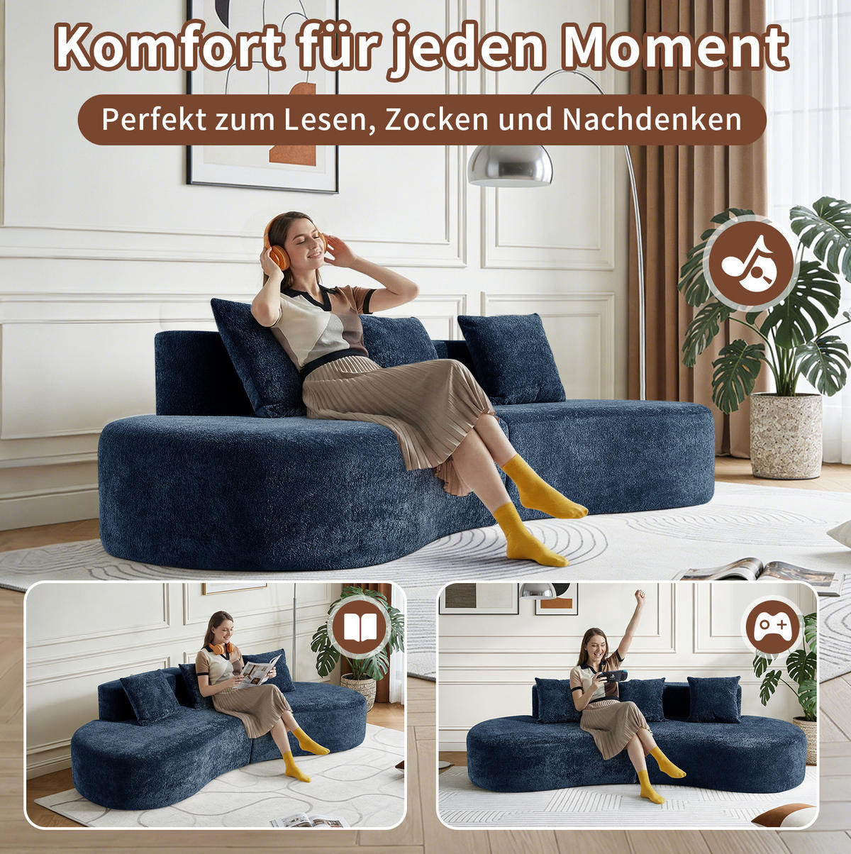 ECKSOFA Samtbezug inklusive Zierkissen 277/103/68 cm Blau - Blau, Textil (103/277cm) - Redom