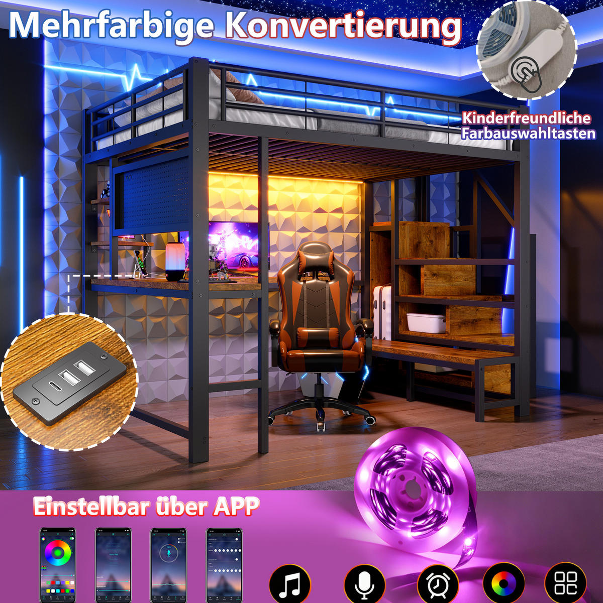 HOCHBETT Metall & MDF 140x200 cm Schwarz mit Schreibtisch, Stauraum, LED und USB/USB-C - Schwarz, Holzwerkstoff (140/200cm) - Modfu