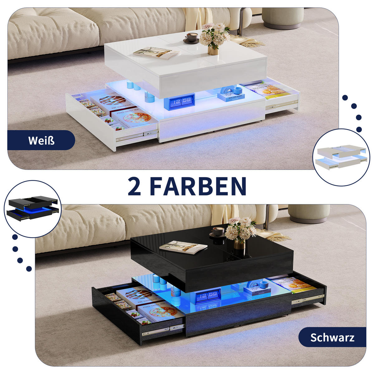 COUCHTISCH 78x78 cm mit RGB-LED & 2 Schubladen, Weiß Hochglanz - Weiß, Metall (78/78/43cm) - EuroLiving