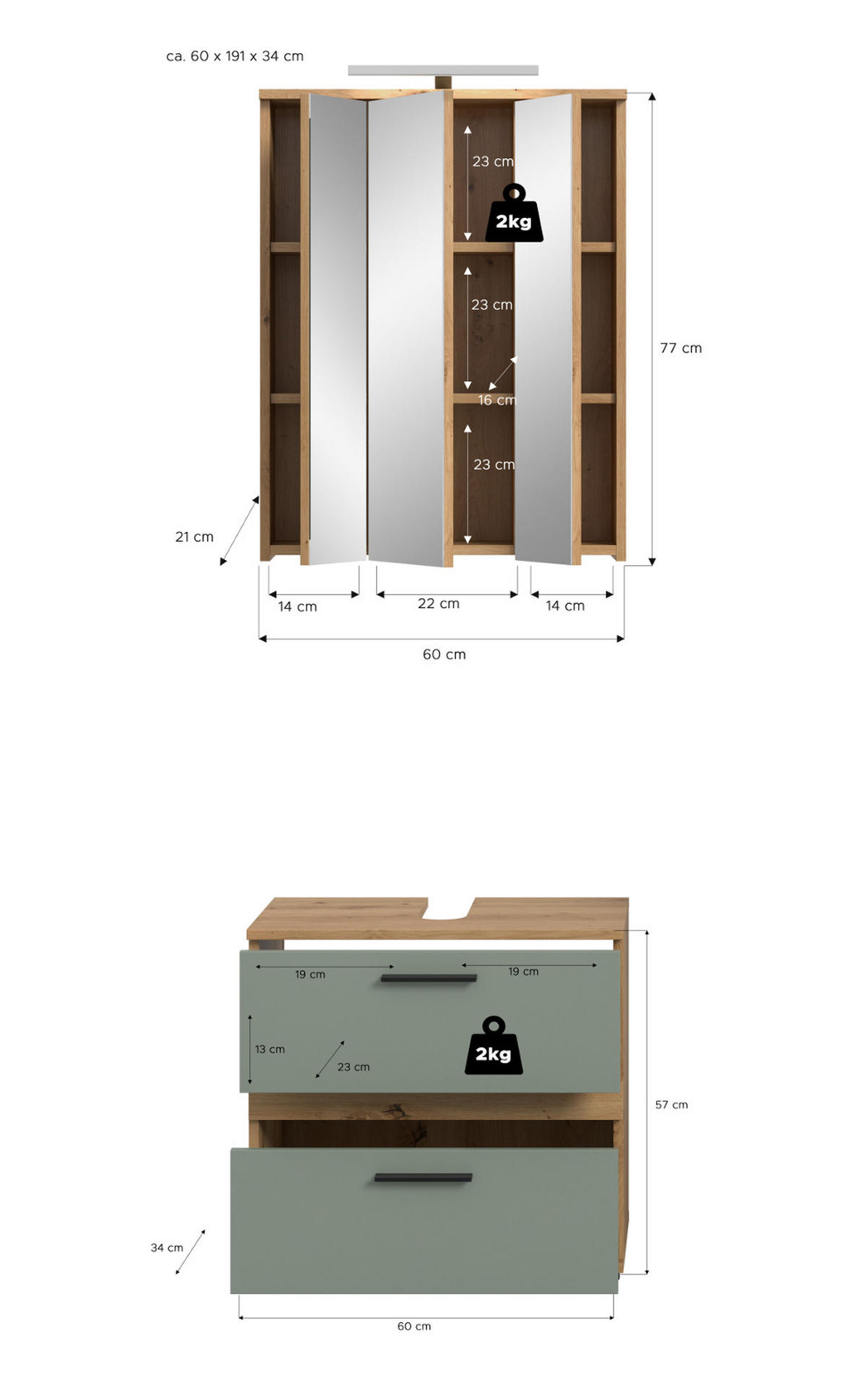 BADMÖBEL-SET Salbei grün, Eiche Artisan 60 cm 2-teilig, Badezimmereinrichtung inklusive LED Beleuchtung - Salbeigrün/Schwarz, Glas/Holzwerkstoff (60/191/34cm) - Inn.Furn