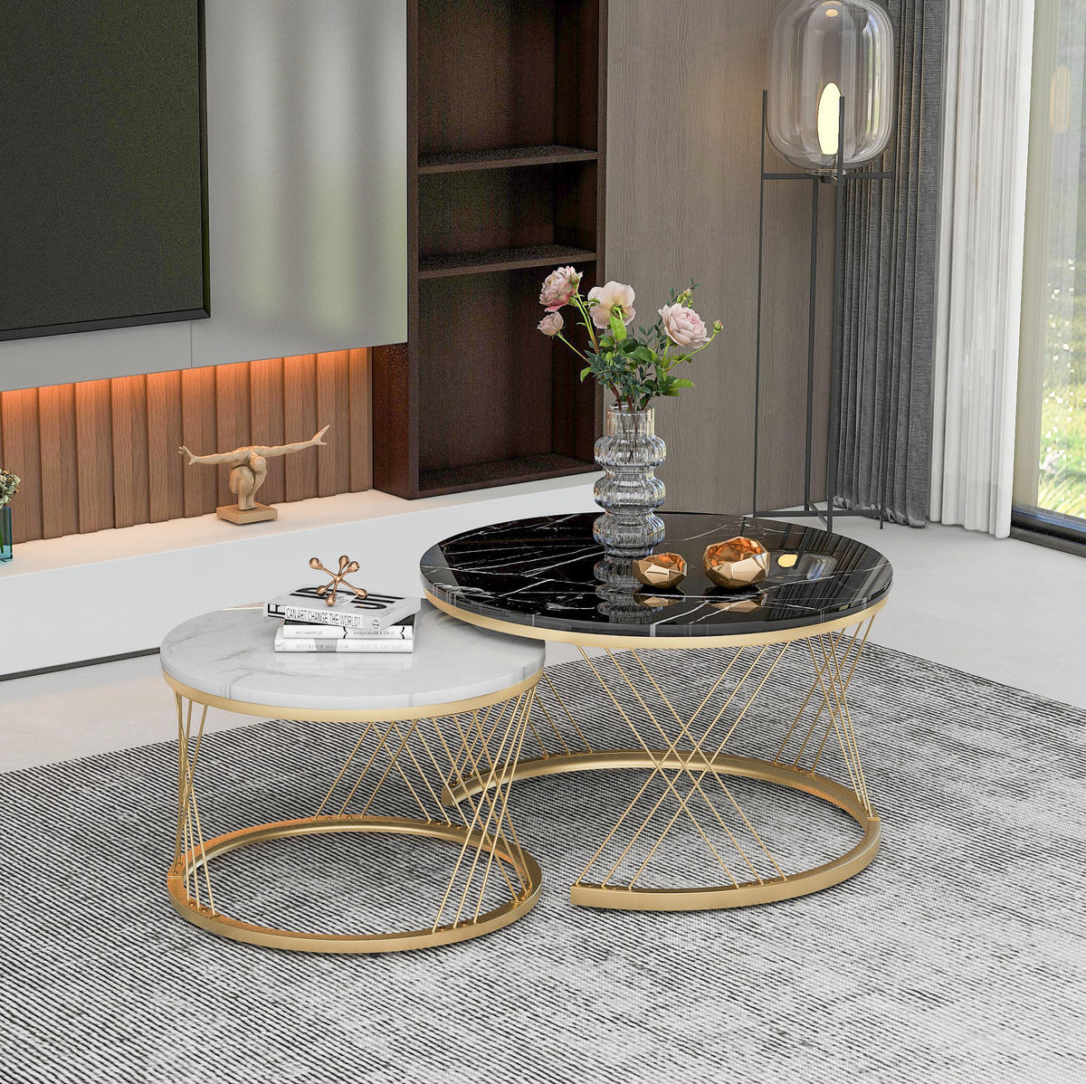 COUCHTISCH-SET 70/70/45 cm, 2-teilig ineinanderschiebbar mit Marmormuster und Metallgestell, Schwarz - Schwarz, Holzwerkstoff (70/70/45cm) - Redom
