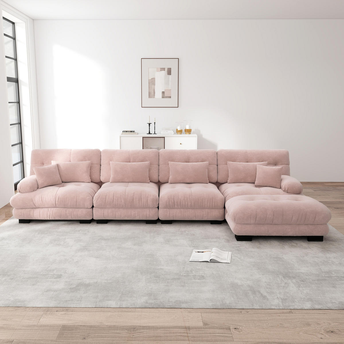 ECKSOFA modular mit beweglichen Ottomane, tiefem Sitz und Chenillebezug, Pink - Pink, Textil (406/145cm) - Redom