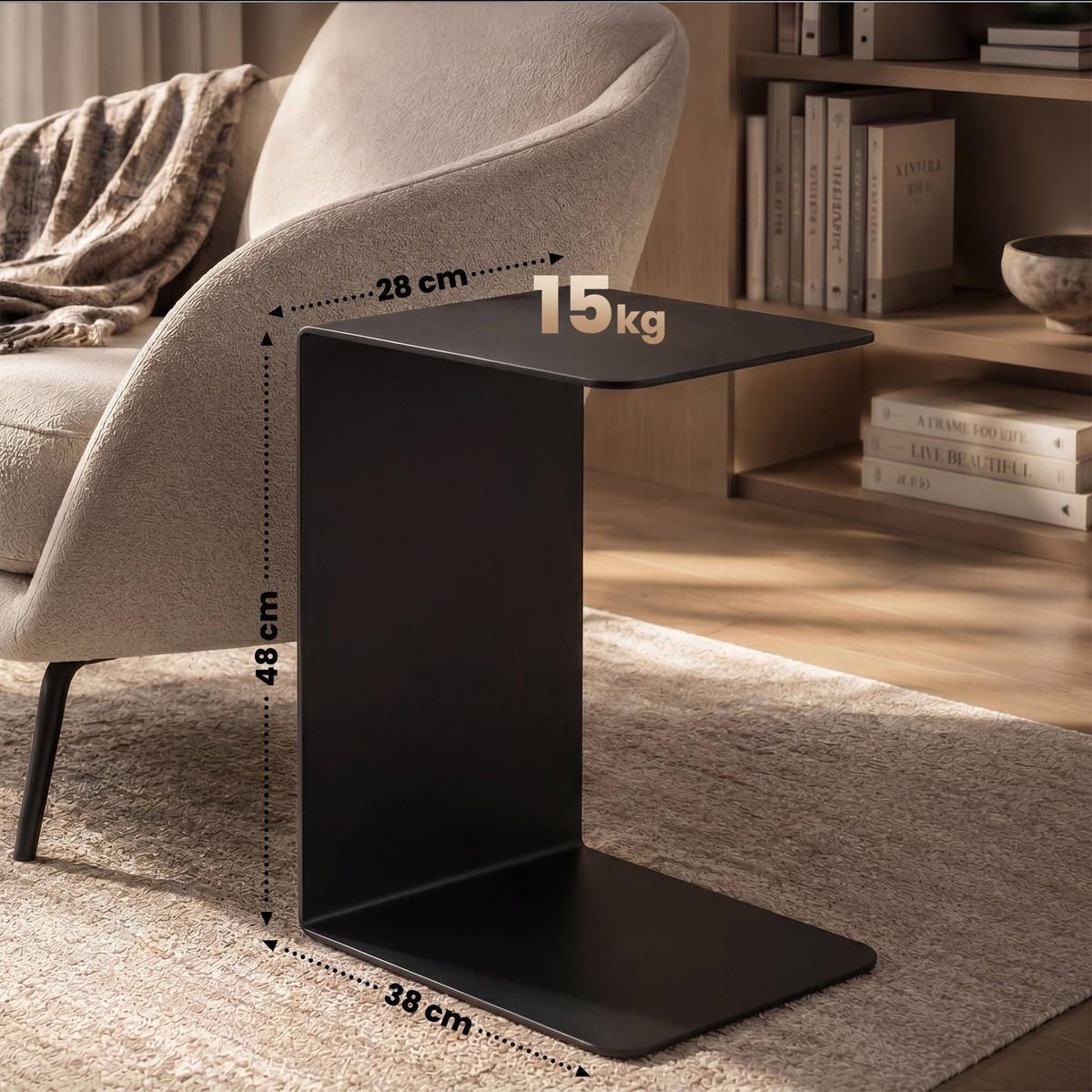 BEISTELLTISCH eckig 28/38/48 cm Metall Schwarz - Schwarz, Metall (38/28/48cm) - CLP