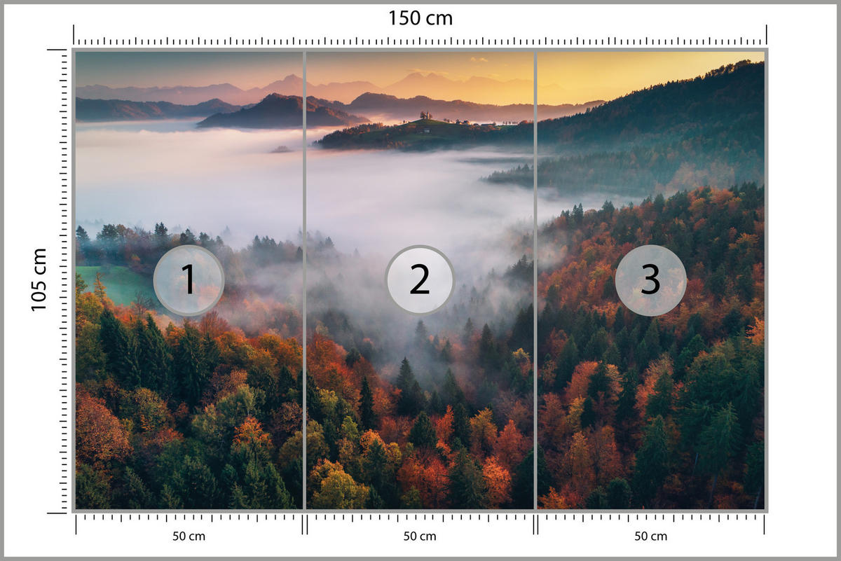 FOTOTAPETE für Wohnzimmer Nebelwald Sonnenuntergang Berge Bäume 150x105 - Beige/Rot, Papier (150/105cm) - Muralo