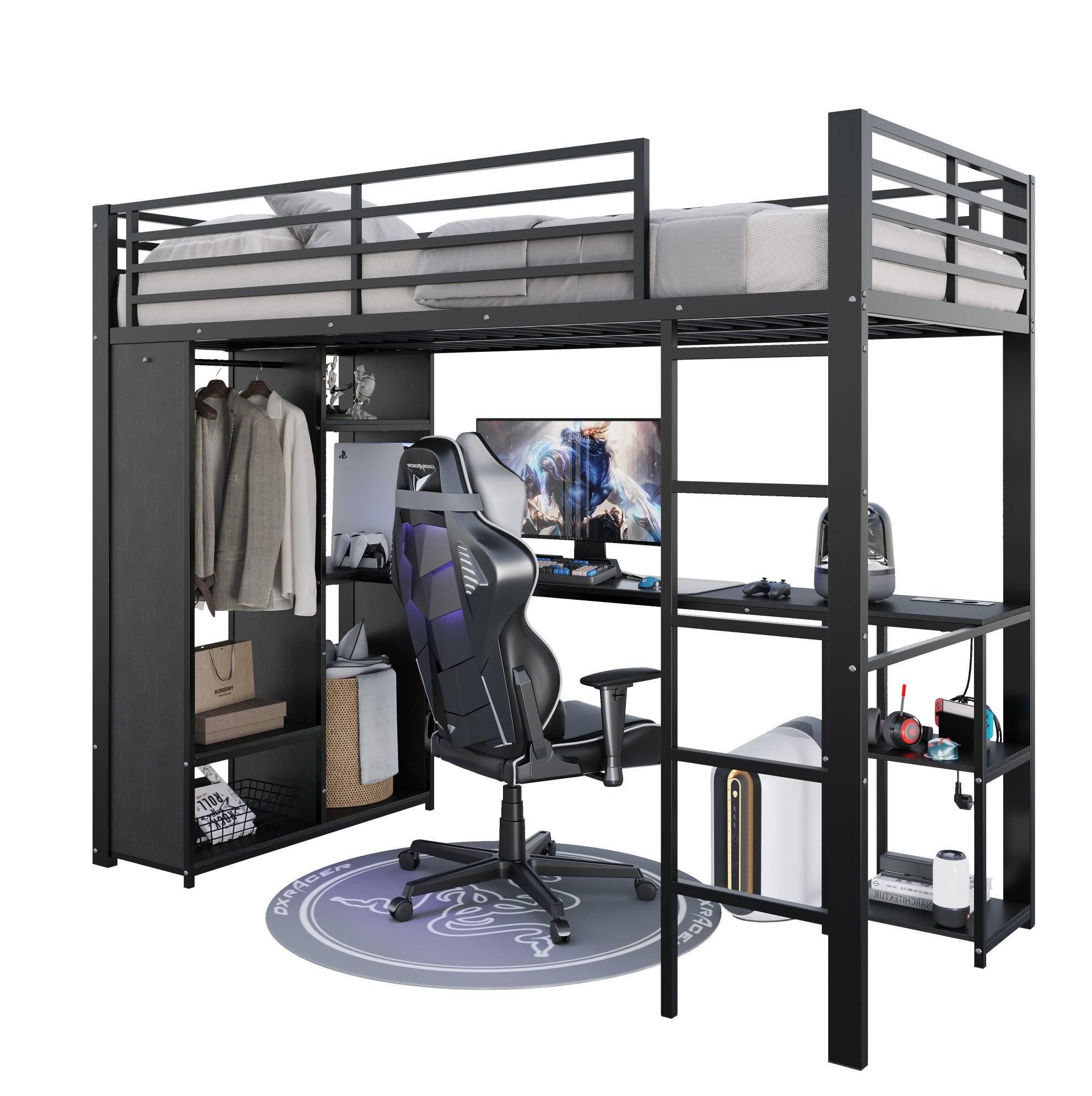 HOCHBETT 90x200 cm in Schwarz mit Schreibtisch, LED-Beleuchtung und offenem Kleiderschrank - Schwarz, Holzwerkstoff (90/200cm) - IVMEU