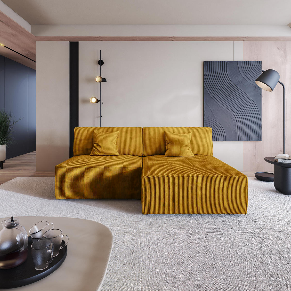 ECKSOFA FIORO P Gelb Kordstoff mit Schlaffunktion - Gelb/Grau, Holz/Kunststoff (204/148cm) - MASSENO