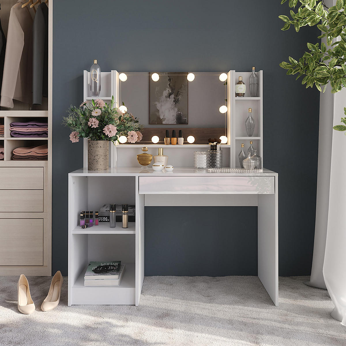 SCHMINKTISCH Sherry Weiß/Weiß Hochglanz 119.8 cm 4 Teile - Weiß Hochglanz, Holzwerkstoff (119.8/76/50.1cm) - Vicco