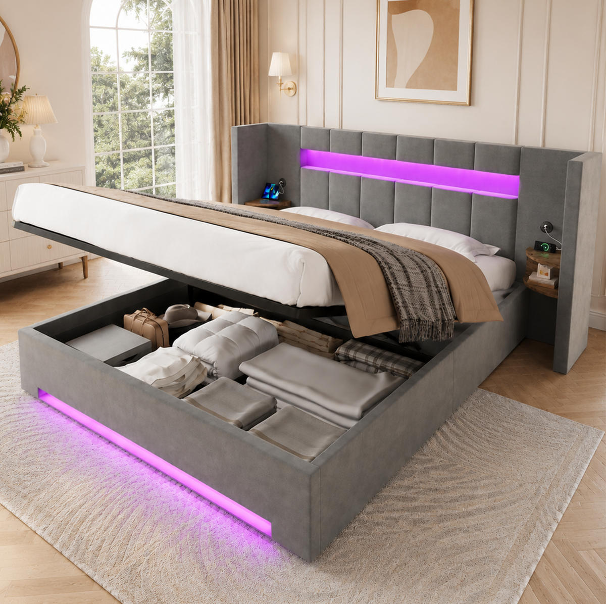 BETT mit Stauraum, USB & LED 180x200 cm Samt Dunkelgrau - Dunkelgrau, Metall (180/200cm) - Meubliv