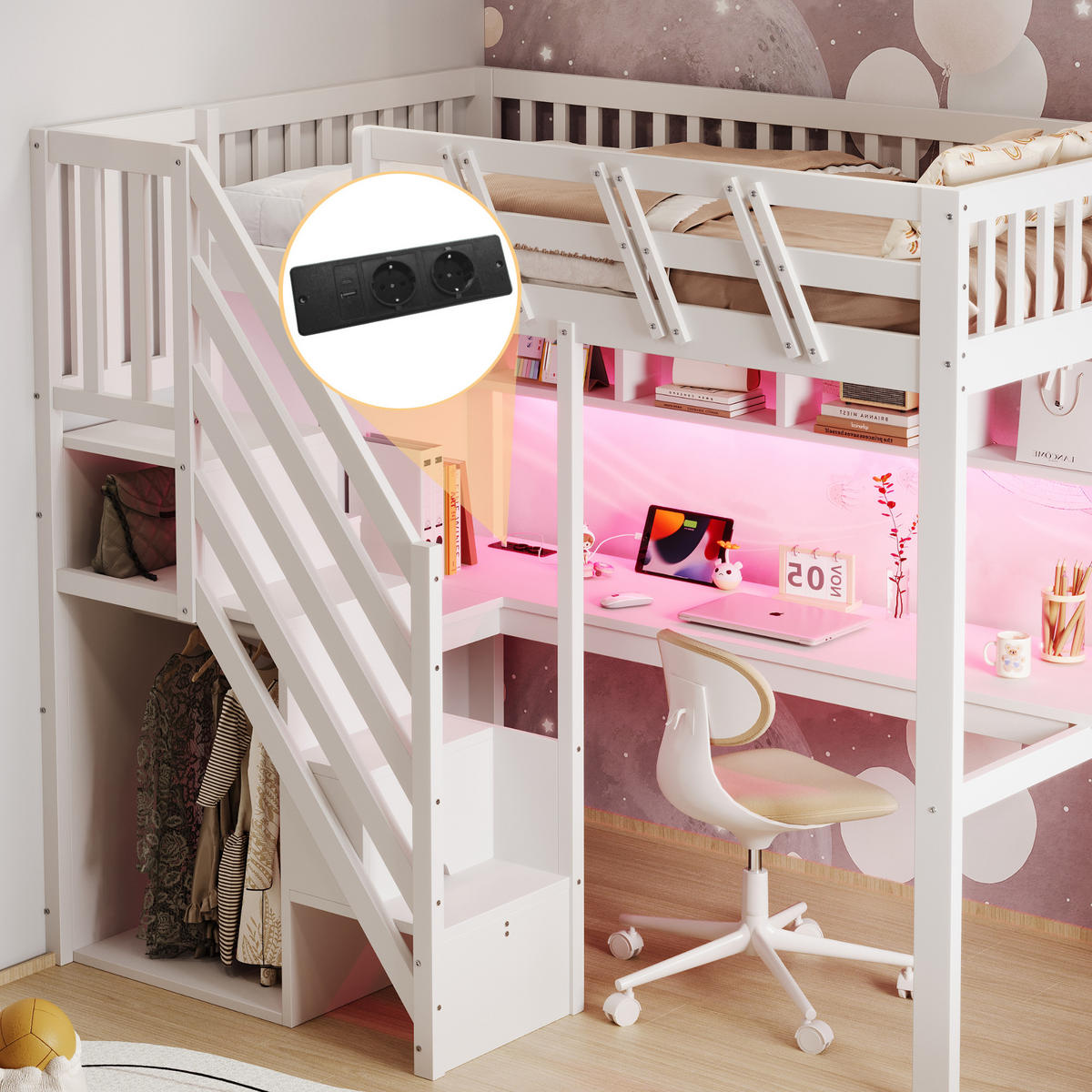 HOCHBETT 90/200 cm in Weiß Kinderbett mit Aufbewahrungstreppe, Schreibtisch, LED und Steckdosen - Weiß, Holz (90/200cm) - STILVORA