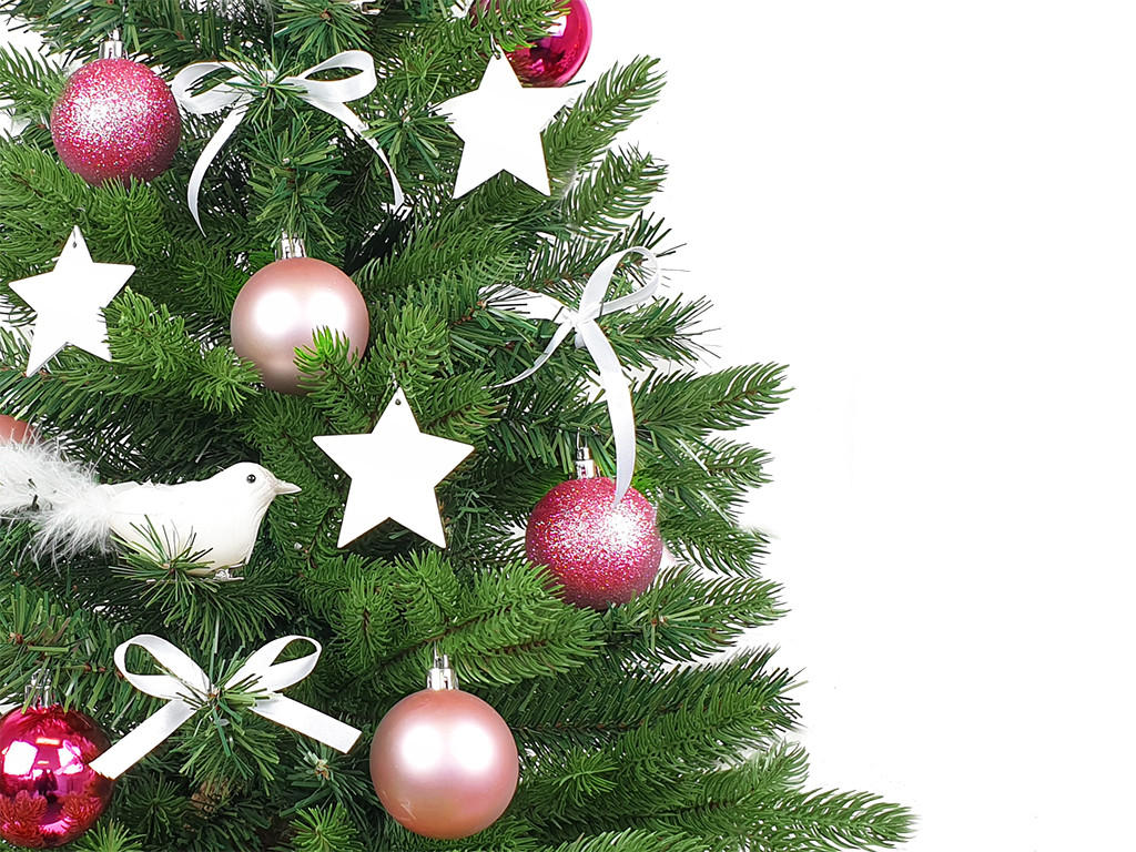 WEIHNACHTSBAUM künstlicher 60 cm mit LED-Beleuchtung, ROSENFEST, mit 35 Weihnachtsbaumschmuck, Pflanztopf mit Jutesack - Pink/Silberfarben, Kunststoff/Stein (40/60cm) - LAALU