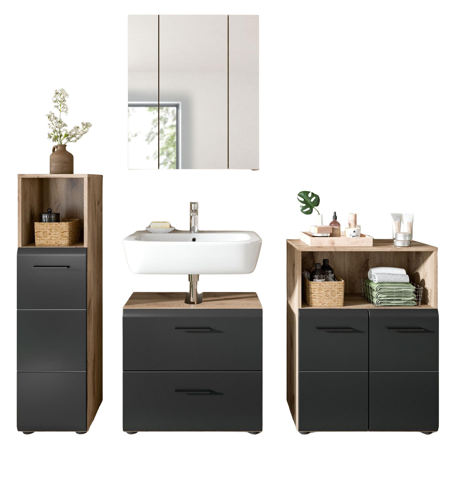 BADMÖBEL-SET 4-teilig in schwarz matt und Eiche Badezimmer mit viel Stauraum, 180 x 185 cm - Eichefarben/Schwarz, Glas/Holzwerkstoff (180/185/30cm) - Inn.Furn