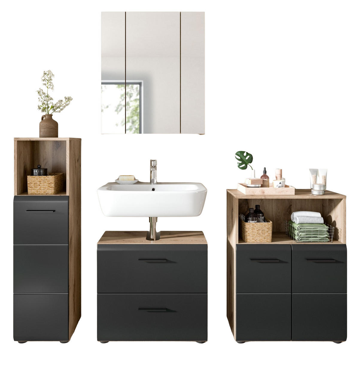 BADMÖBEL-SET 4-teilig in schwarz matt und Eiche Badezimmer mit viel Stauraum, 180 x 185 cm - Eichefarben/Schwarz, Glas/Holzwerkstoff (180/185/30cm) - Inn.Furn