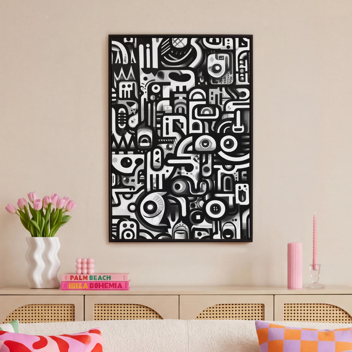 LEINWAND Bilder mit Rahmen - Symbole - Abstrakt - Grafik - Schwarz - 60x90 - Schwarz, Textil (60/90cm) - MuchoWow