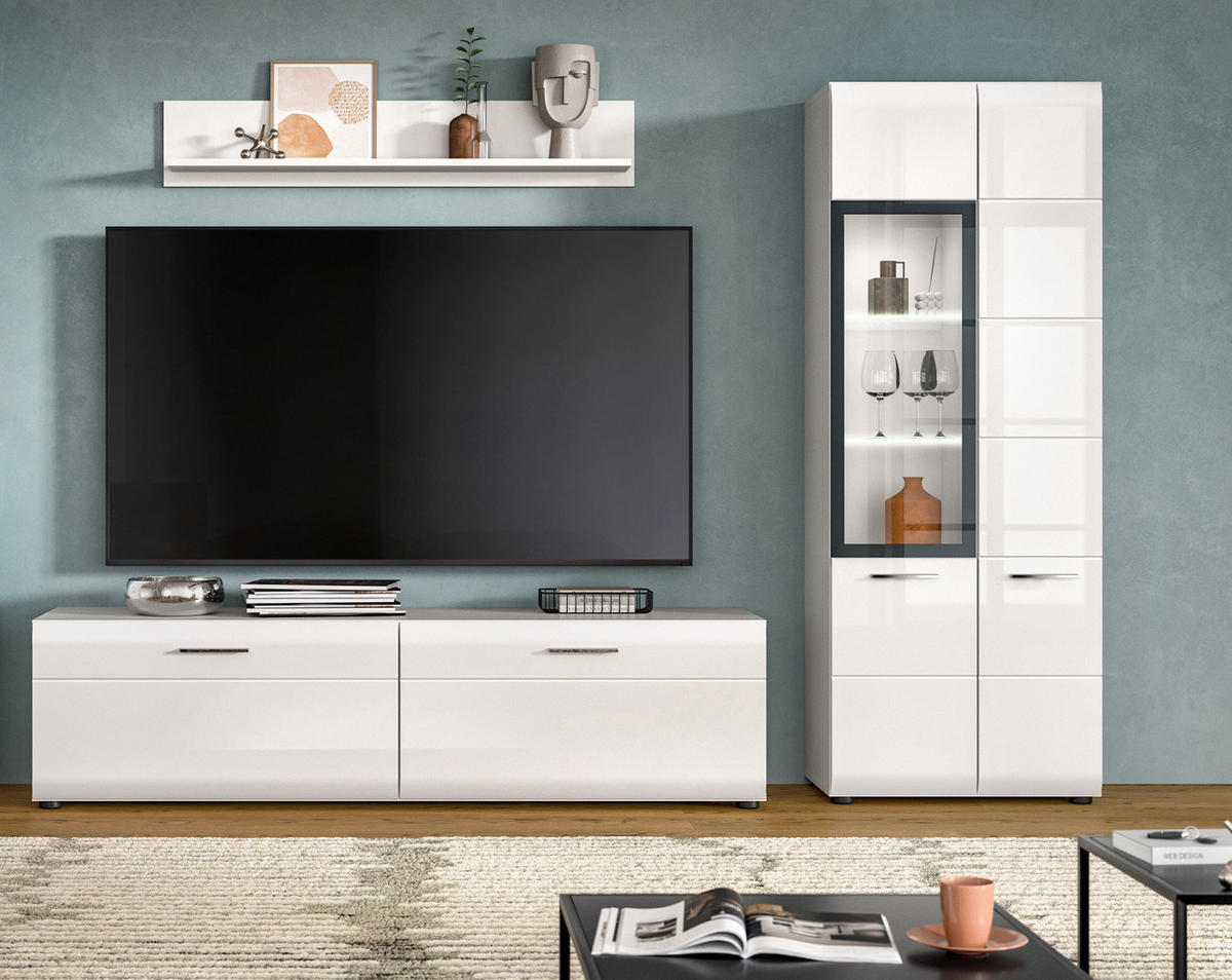 WOHNWAND weiß Hochglanz 3-teilig 235 cm, Schrankwand modernes Design - Weiß Hochglanz/Silberfarben, Glas/Holzwerkstoff (235/160/41cm) - Inn.Furn