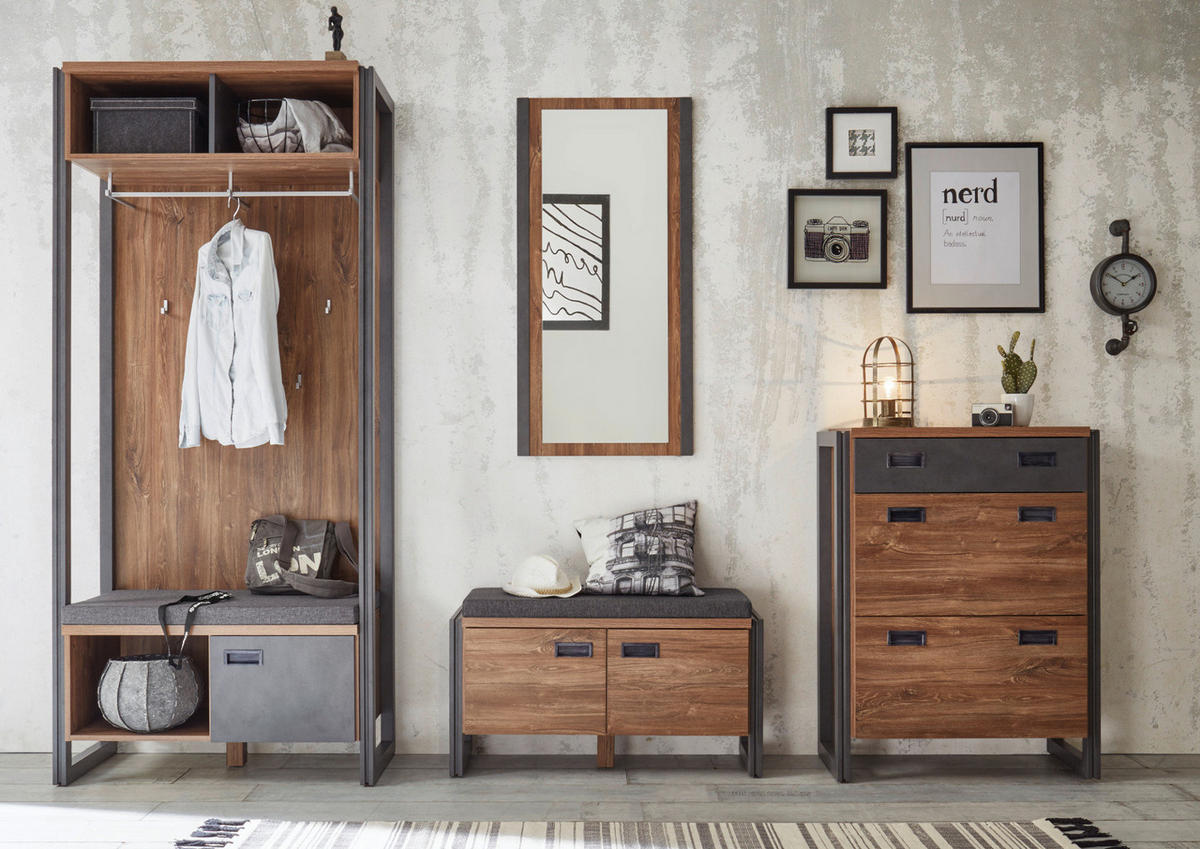 GARDEROBE Eiche Stirling, Matera grau, Kompaktgarderobe mit Sitzkissen 90 x 202 cm - Eichefarben/Grau, Holzwerkstoff/Metall (90/202/45cm) - Furn.Design