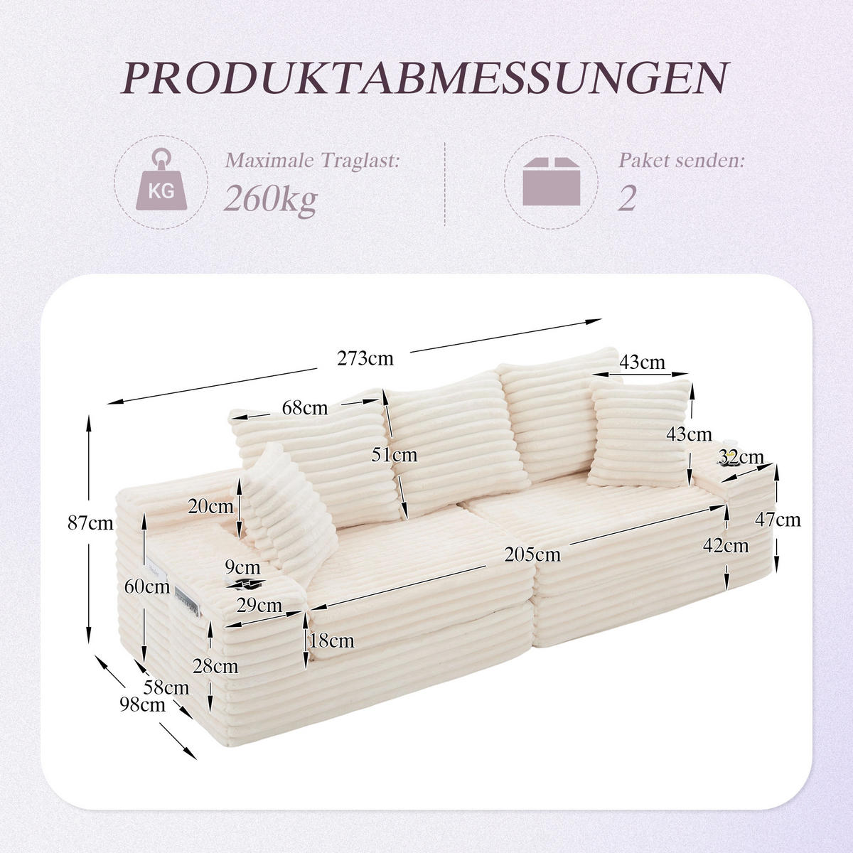 SCHLAFSOFA aus Cord mit Getränkehaltern und Kissen, Beige - Beige, Textil (107.48/34.25/38.58cm)