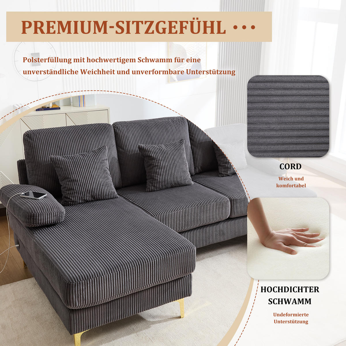 U-FORM Wohnlandschaft Samt mit LED und USB-Anschluss 265/135/88 cm Grau - Grau, Textil (135/88/265cm) - Redom