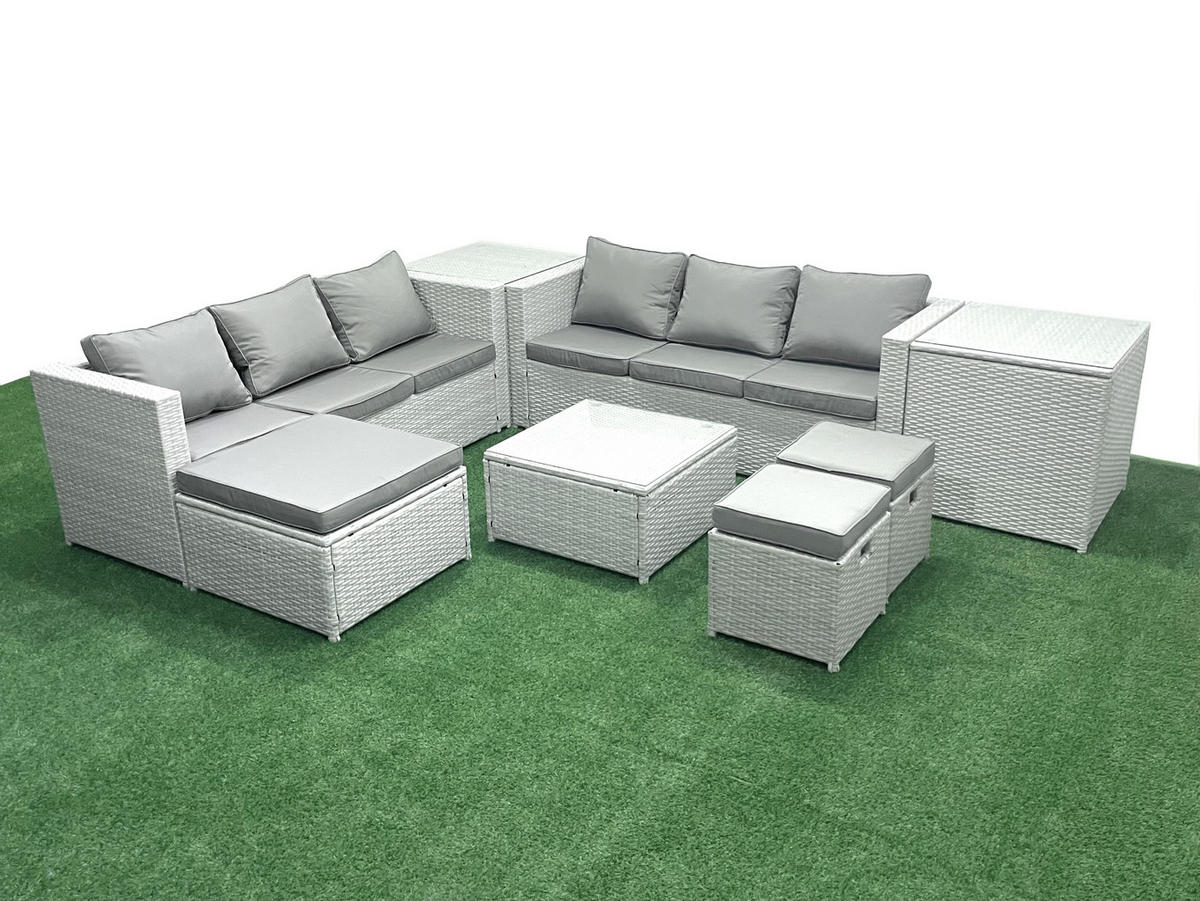 GARTENMÖBEL-SET mit Kissen Polyrattan Hellgrau-Mix 9-Sitzer - Hellgrau/Grau, Glas/Kunststoff - Fimous