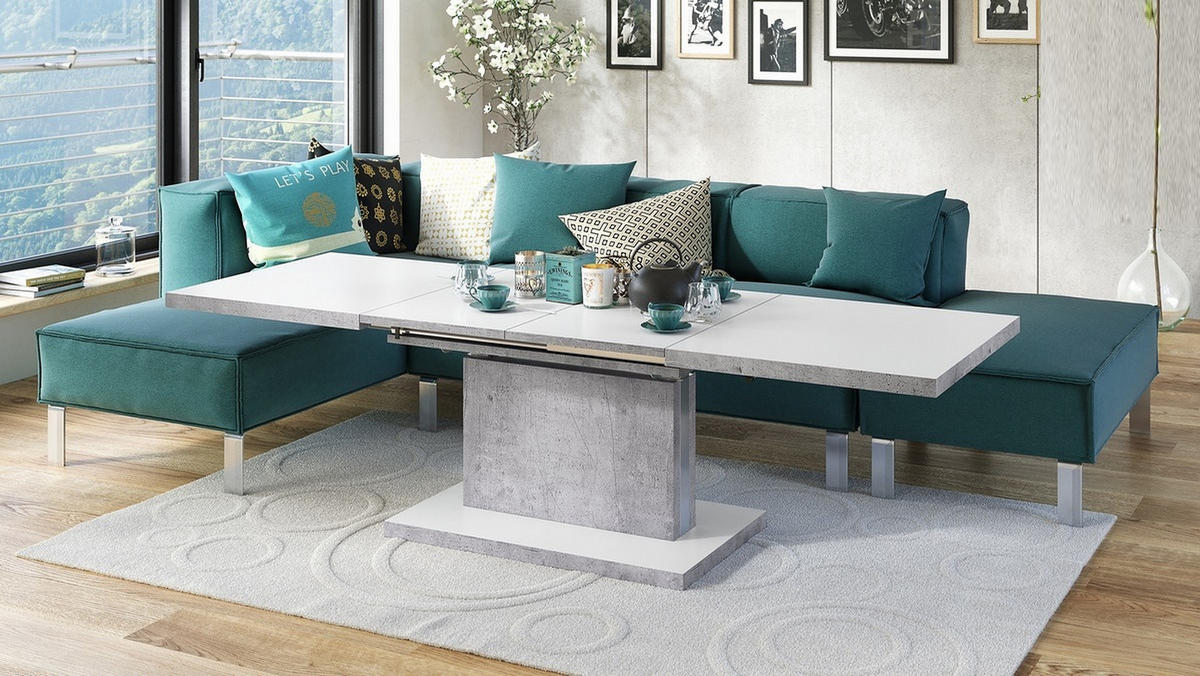 COUCHTISCH rechteckig Weiß matt Beton ausziehbar höhenverstellbar - Hellgrau/Weiß, Holzwerkstoff (70/120/56cm) - designimpex