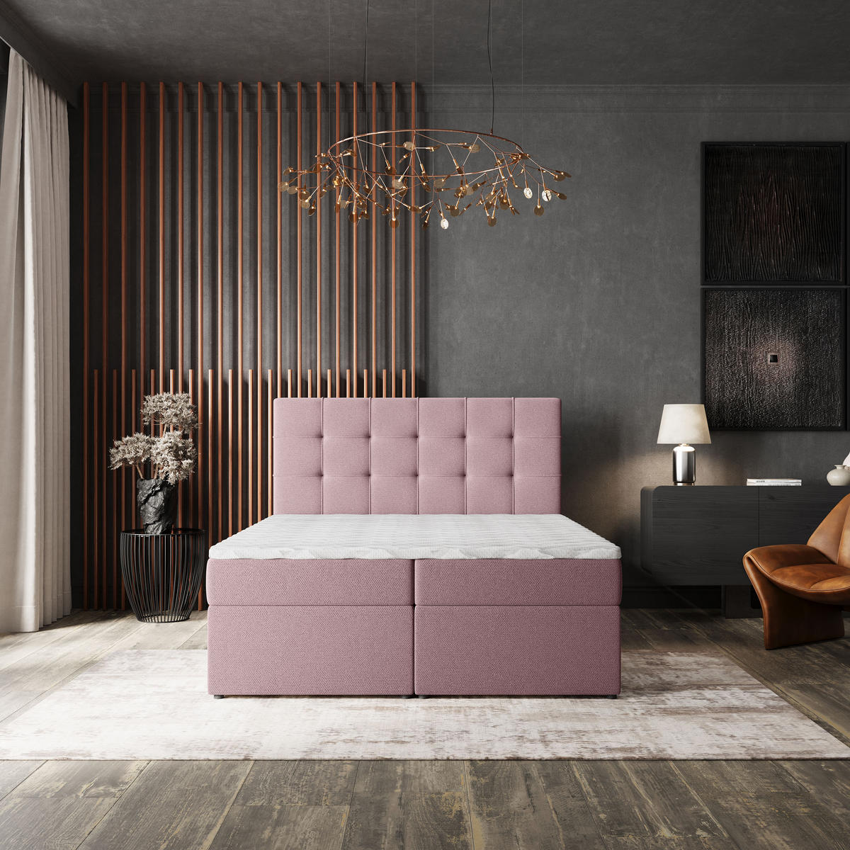 BOXBETT PALMA 180x200 cm mit Matratze und Topper, H2+H3 - Rosa - Rosa, Holz (180/200cm) - MASSENO