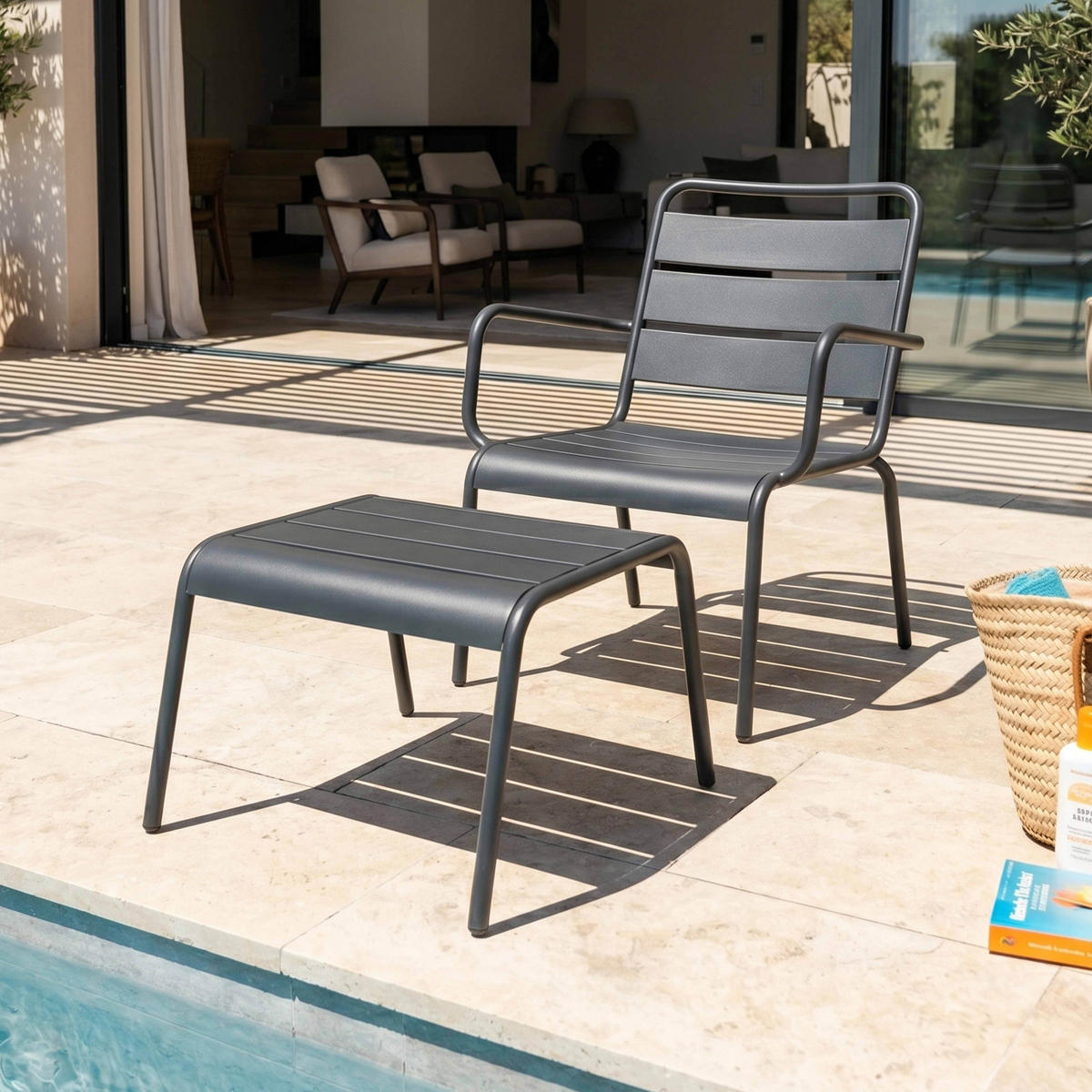 RELAXSESSEL MIT HOCKER, Grau - Grau, Metall (64/72/60cm) - Oviala