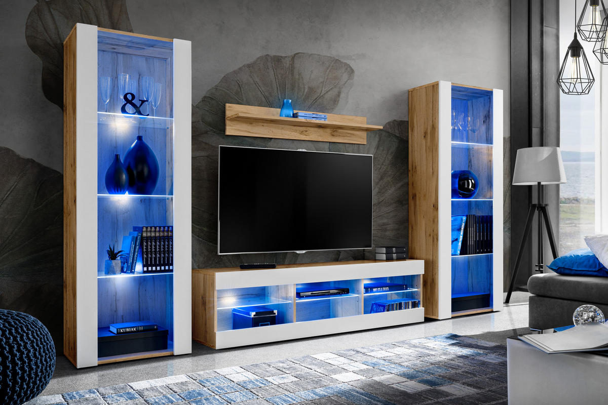 WOHNZIMMERSET TIVOLI GRANDE, 4er-Set, Weiss, LED Blau - Eiche Wotan/Weiß, Glas/Holzwerkstoff (250/159/35cm) - Komodee