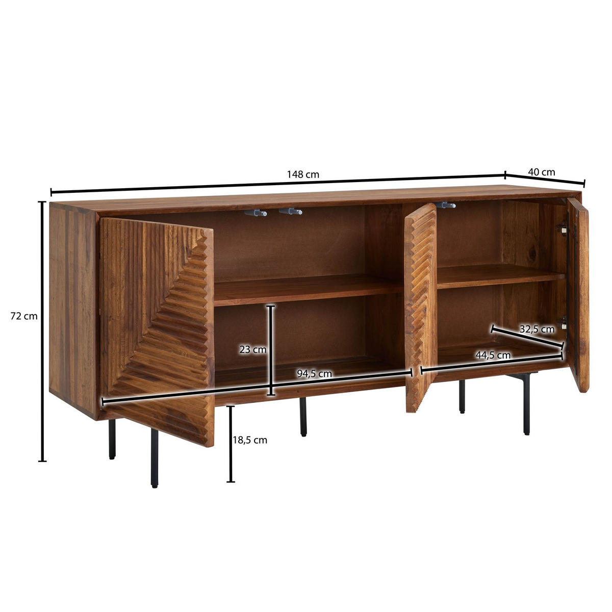 SIDEBOARD – Massivholz/Metall, 148x72x40 cm, 3 Türen, modern - Schwarz/Braun, Holz/Metall (148/72/40cm) - KADIMA DESIGN