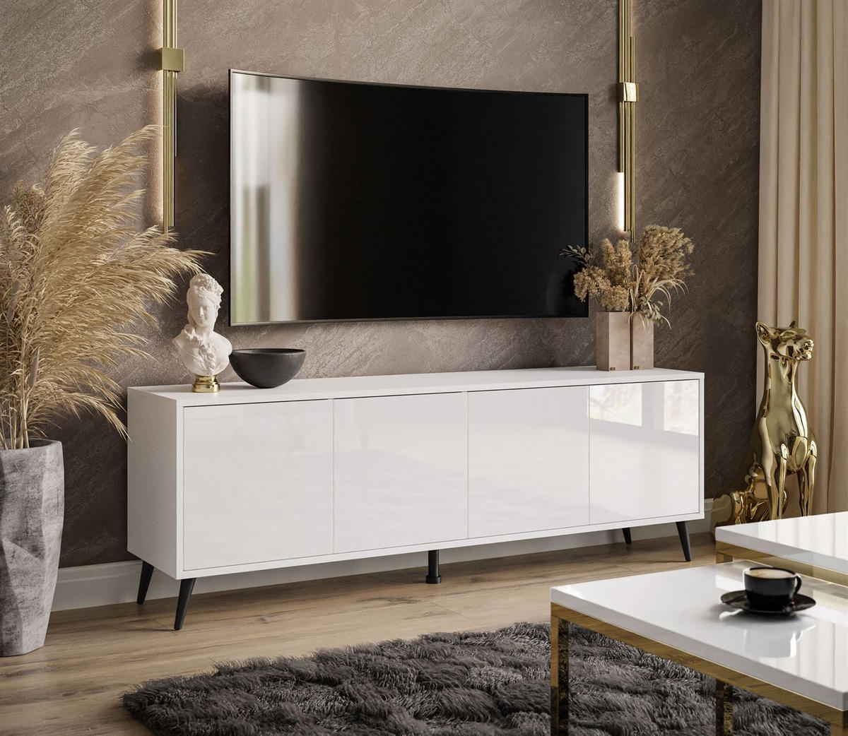 TV-ELEMENT SANAYI auf schwarzen Beinen Hochglanz Weiß - Weiß Hochglanz/Schwarz, Holzwerkstoff (156/54/38cm) - Lookway