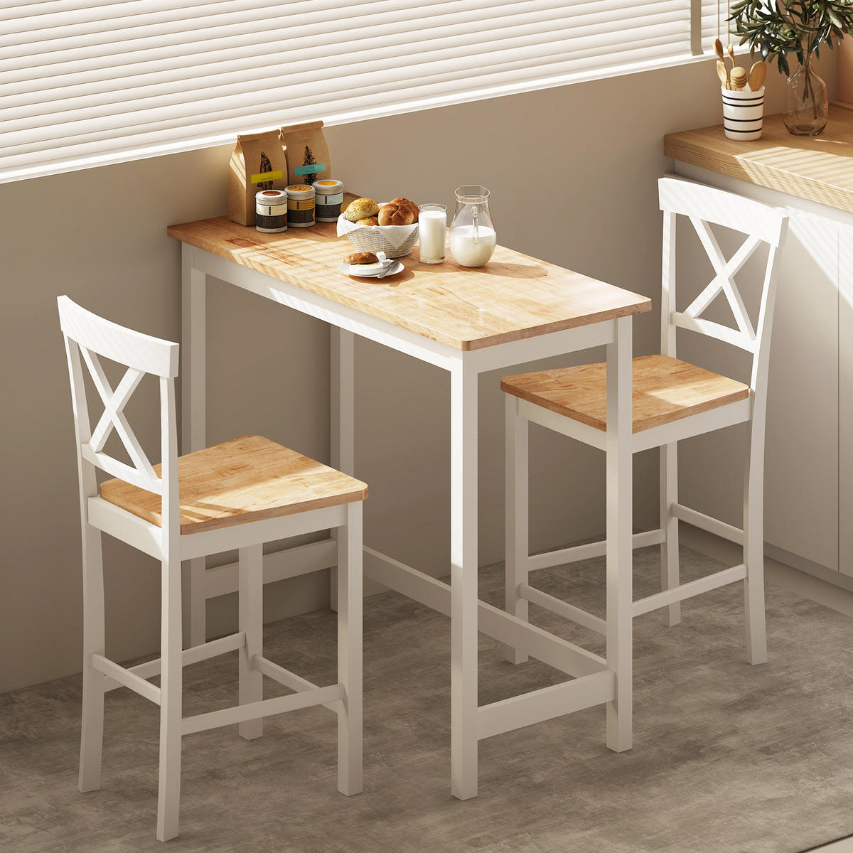 BARTISCH und Barhocker-Set 3tlg. mit Holzoptik - Eichefarben/Weiß, Holz (48/91/108cm) - HOMCOM