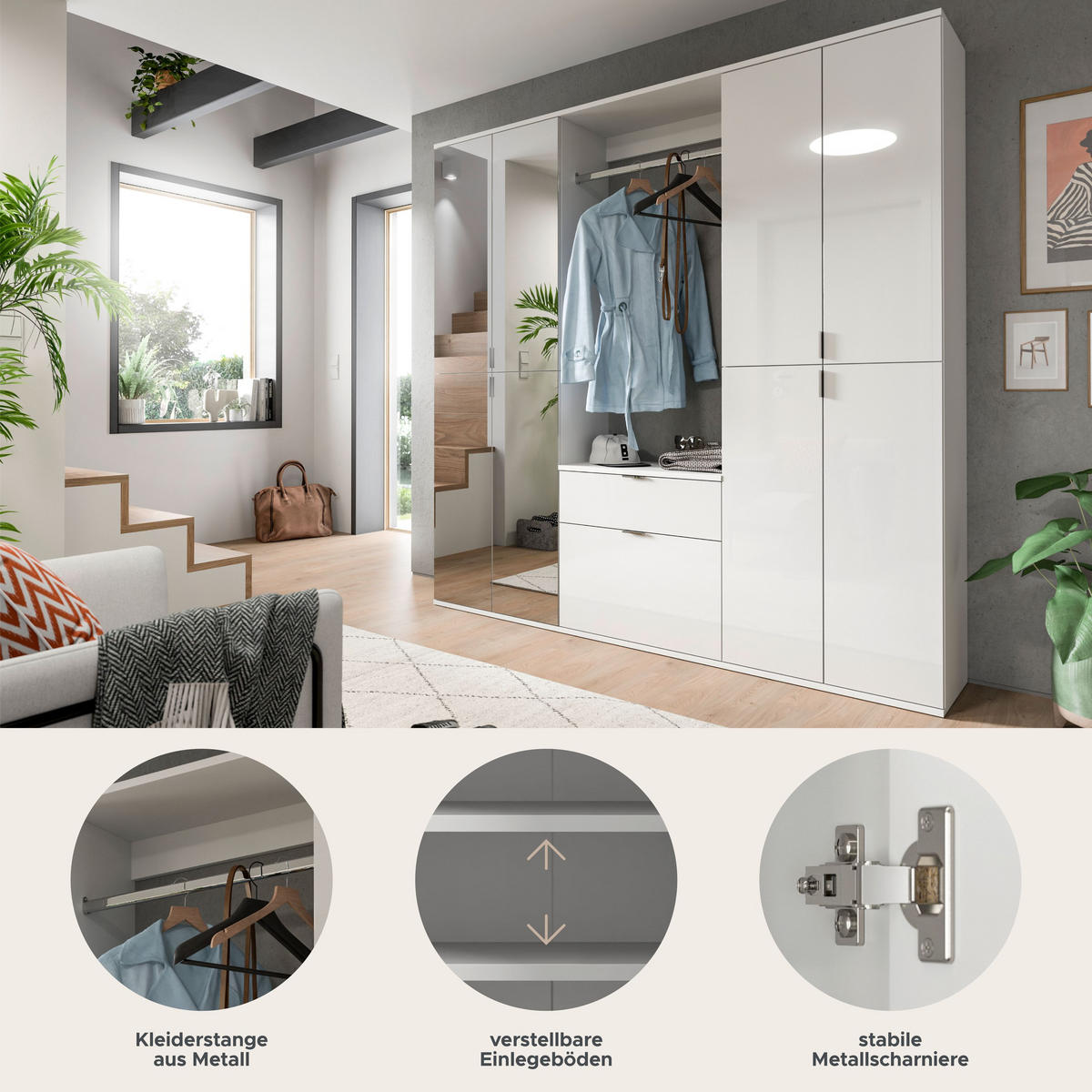 GARDEROBENKOMBINATION 4tlg. Projekt X Garderobe in weiß Nb. und weiß hochglanz B/H/T: 183x193x34 cm - Weiß, Holzwerkstoff (183/193/34cm)