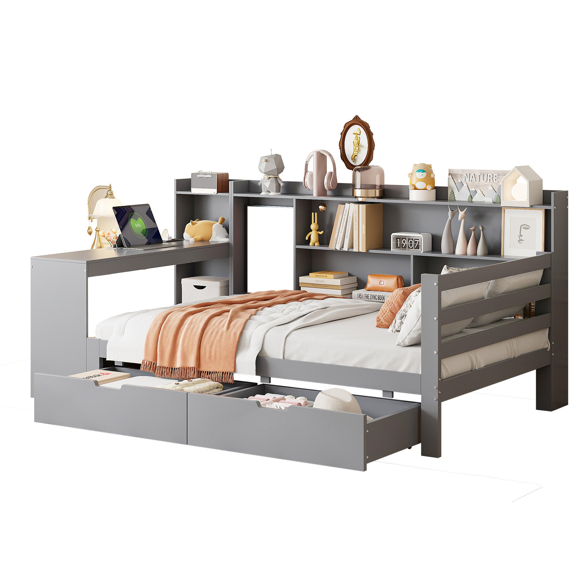 SCHLAFSOFA 90/200 cm in Grau mit Schreibtisch, 2 Schubladen und USB - Grau, Holzwerkstoff (90/200cm) - STILVORA