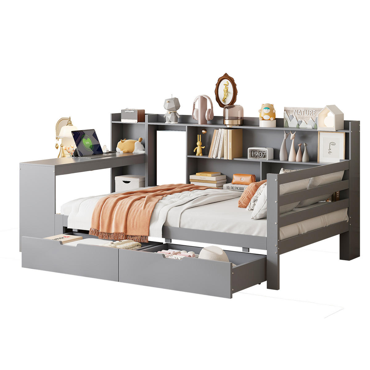 BETT aus Massivholz mit Schreibtisch und Regalen Grau 90/200 cm - Grau, Holz (90/200cm) - OKWISH