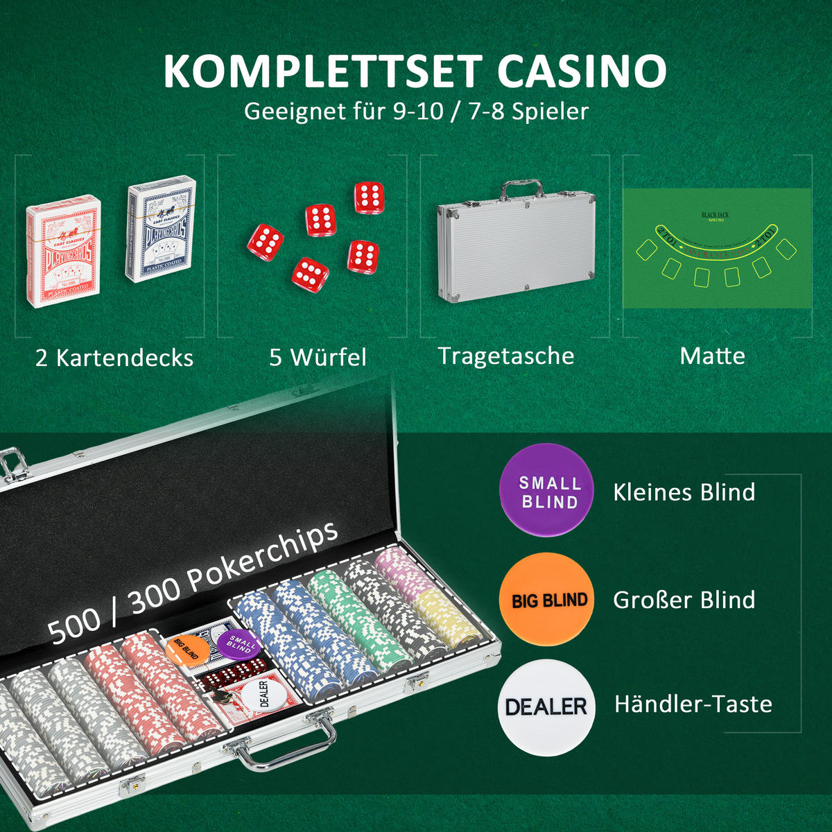 POKERSET DE-10595 500 Chips mit Unterlage für 9-10 Spieler Silber - Silberfarben, Metall (23.5/56cm) - ComfortXL