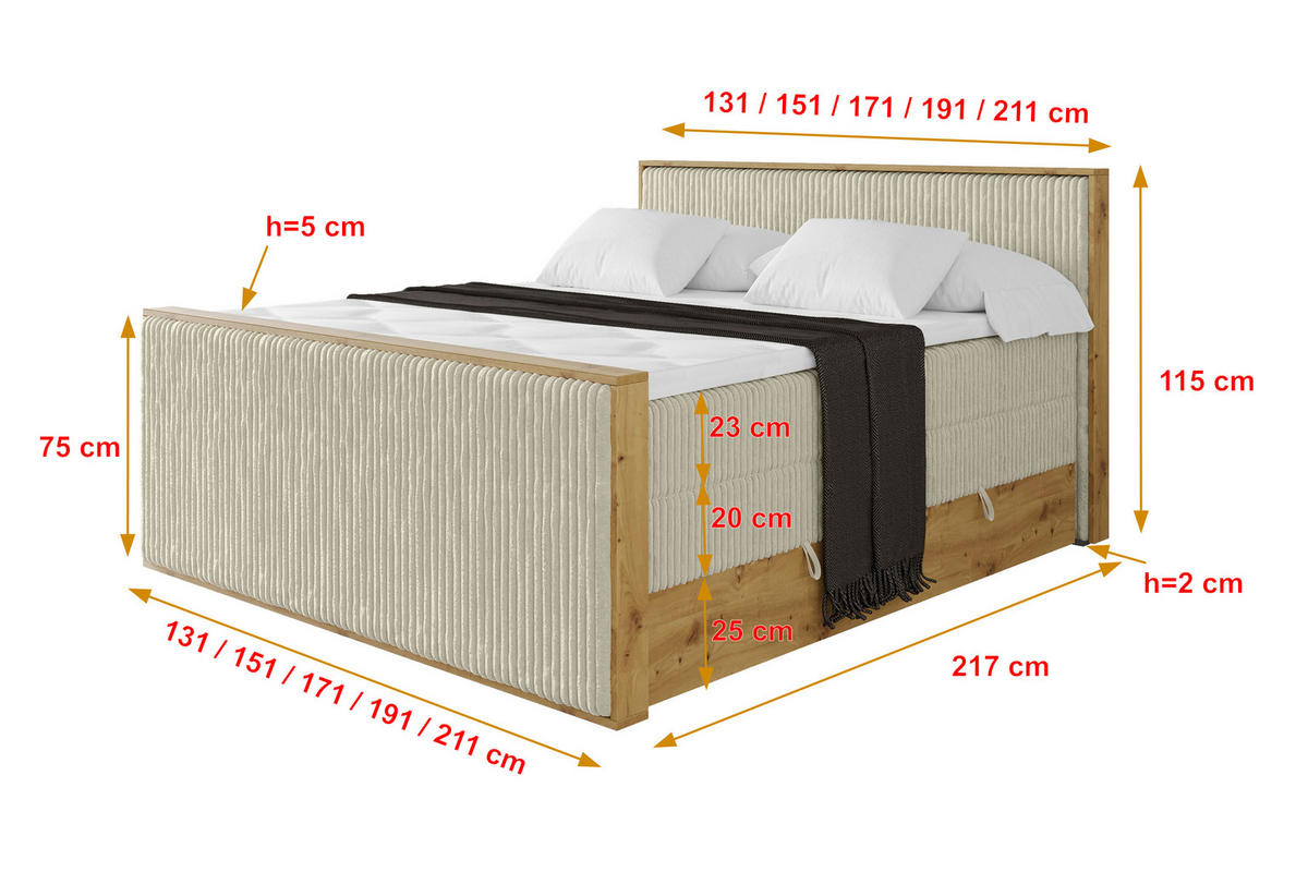 BOXSPRINGBETT LOLLI9 -Z-KING 140x200 - H3/H4 Creme - Beige, Holzwerkstoff (140/200cm) - ALTDECOR