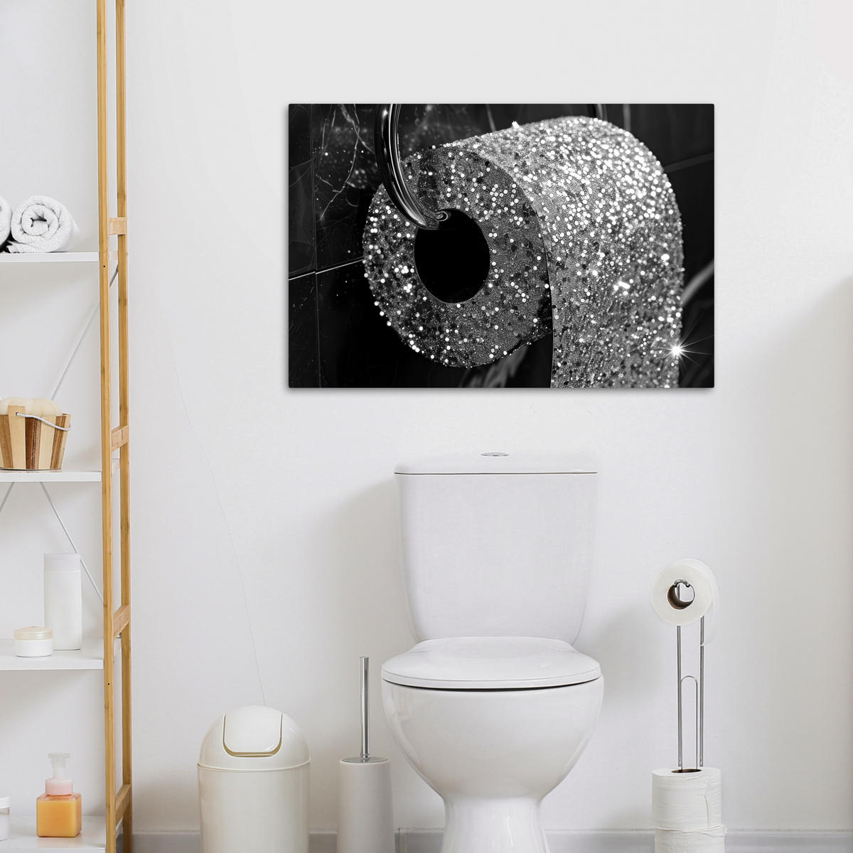 LEINWANDBILD WC - Toilettenpapier - Schwarz und weiß - Glitter Wanddeko 90x60 cm - Silberfarben, Textil (90/60cm) - MuchoWow