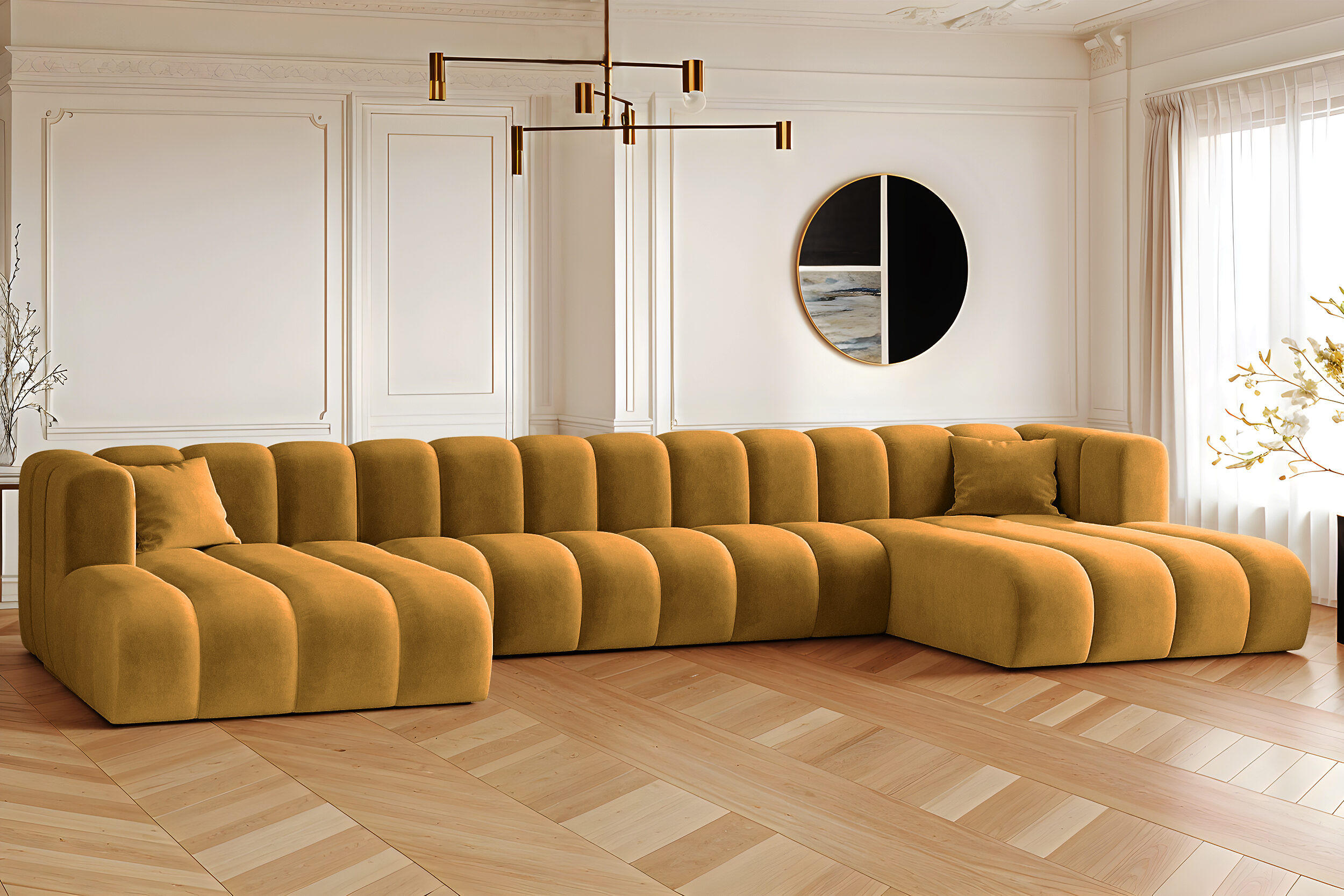 ECKSOFA, U-from, Sofa Grand U XL modular stoff Salvador Gelb - Gelb, Holz (179/408cm) - Kaiser Möbel