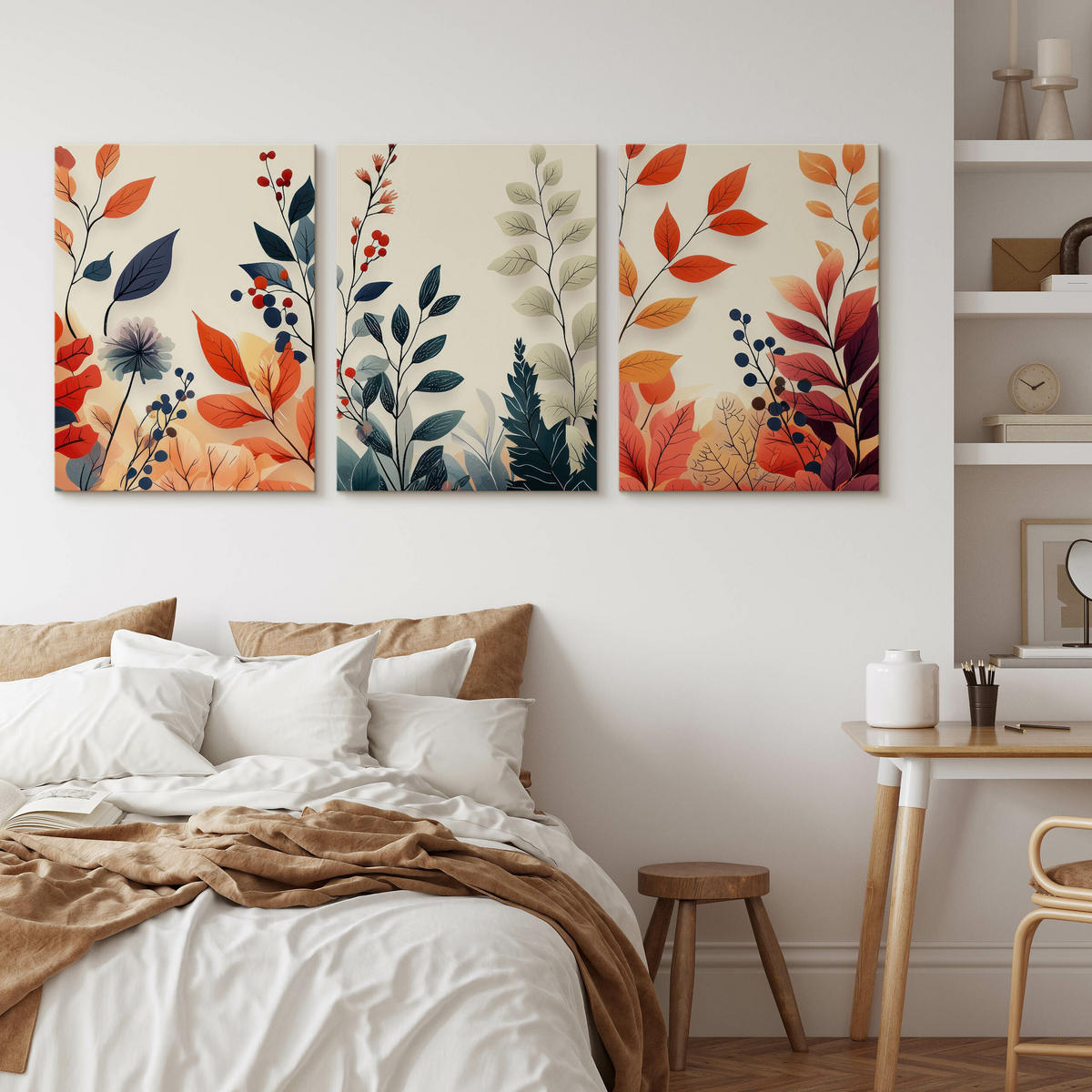 LEINWANDBILDER 3-es Set Blätter Natur - Beige/Rot, Textil (90/40cm) - Muralo