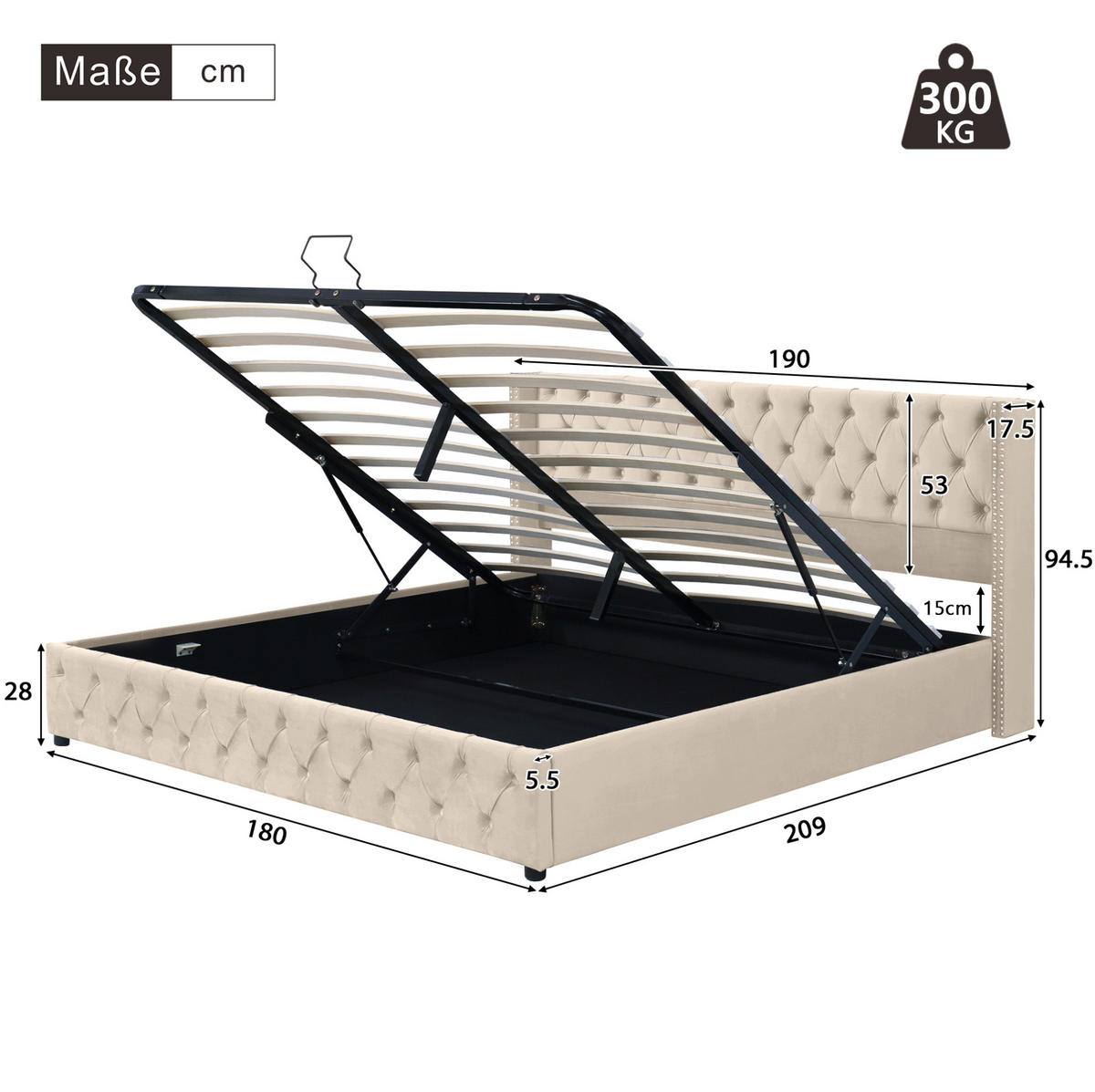 POLSTERBETT aus Samt 180x200 cm in Beige mit hydraulischem Bettkasten - Beige, Textil (180/200cm) - Modfu