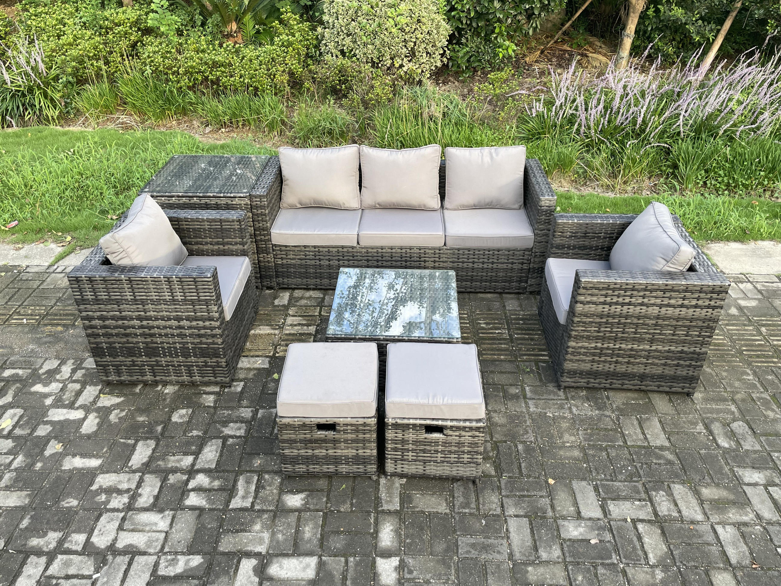 GARTENSET mit Beistelltisch Polyrattan 7-Sitzer - Dunkelgrau, Metall - Fimous