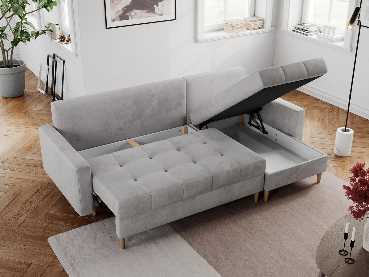ECKSOFA Colin Velvet Hellgrau - Hellgrau/Braun, Holz/Textil (220/140cm) - MKS
