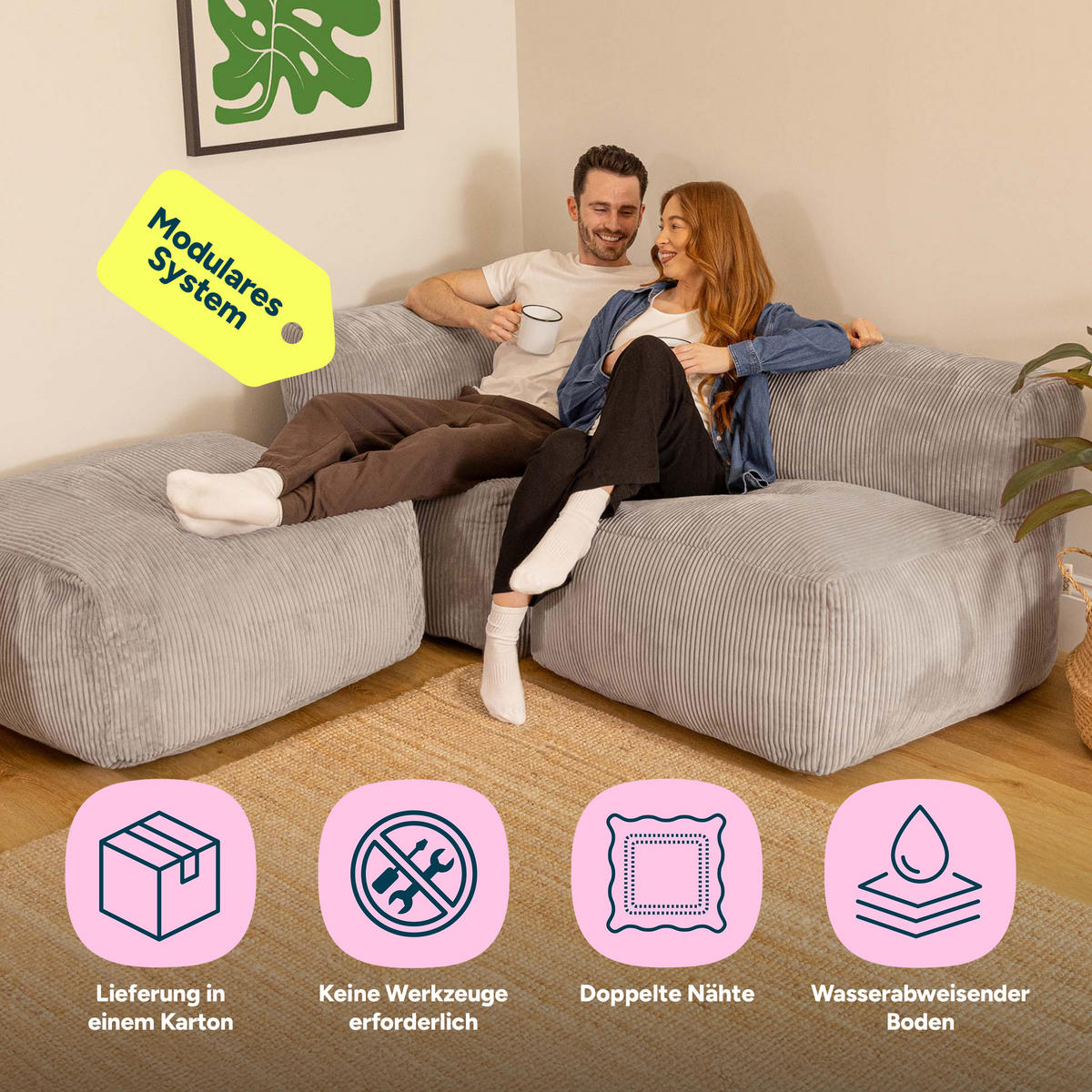 SITZSACK-SOFA 3-tlg. ZEN: Ecksessel, Sessel, Fußstütze - Grau, Textil (290/68/100cm) - icon