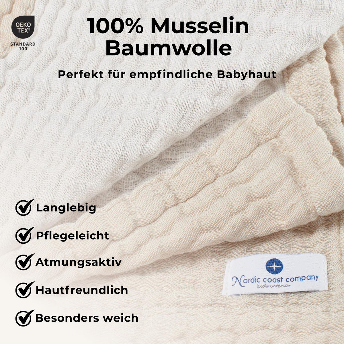 MUSSELINDECKE Babydecke Stilltuch Einschlagdecke Säuglingsdecke Mulltuch ab Geburt - Naturfarben, Textil (80/80cm) - nordic coast company